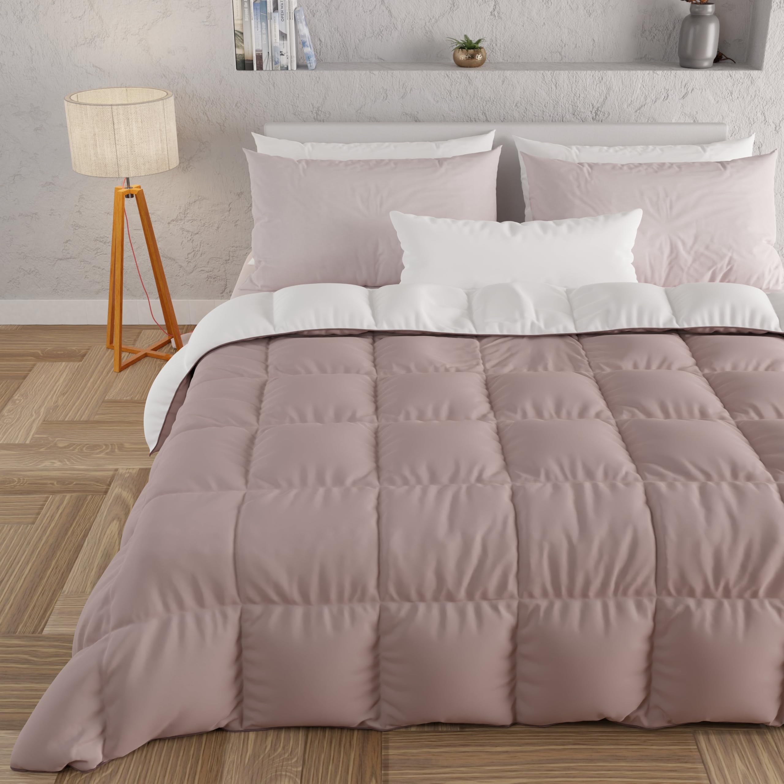 PETTI Artigiani Italiani - Winter Quilt 240x260 cm King Size, Warm Reversible Double Face Quilt Antique Pink White, Hypoallergenic Microfibre 300g/m², Soft and Cosy, Made in Italy