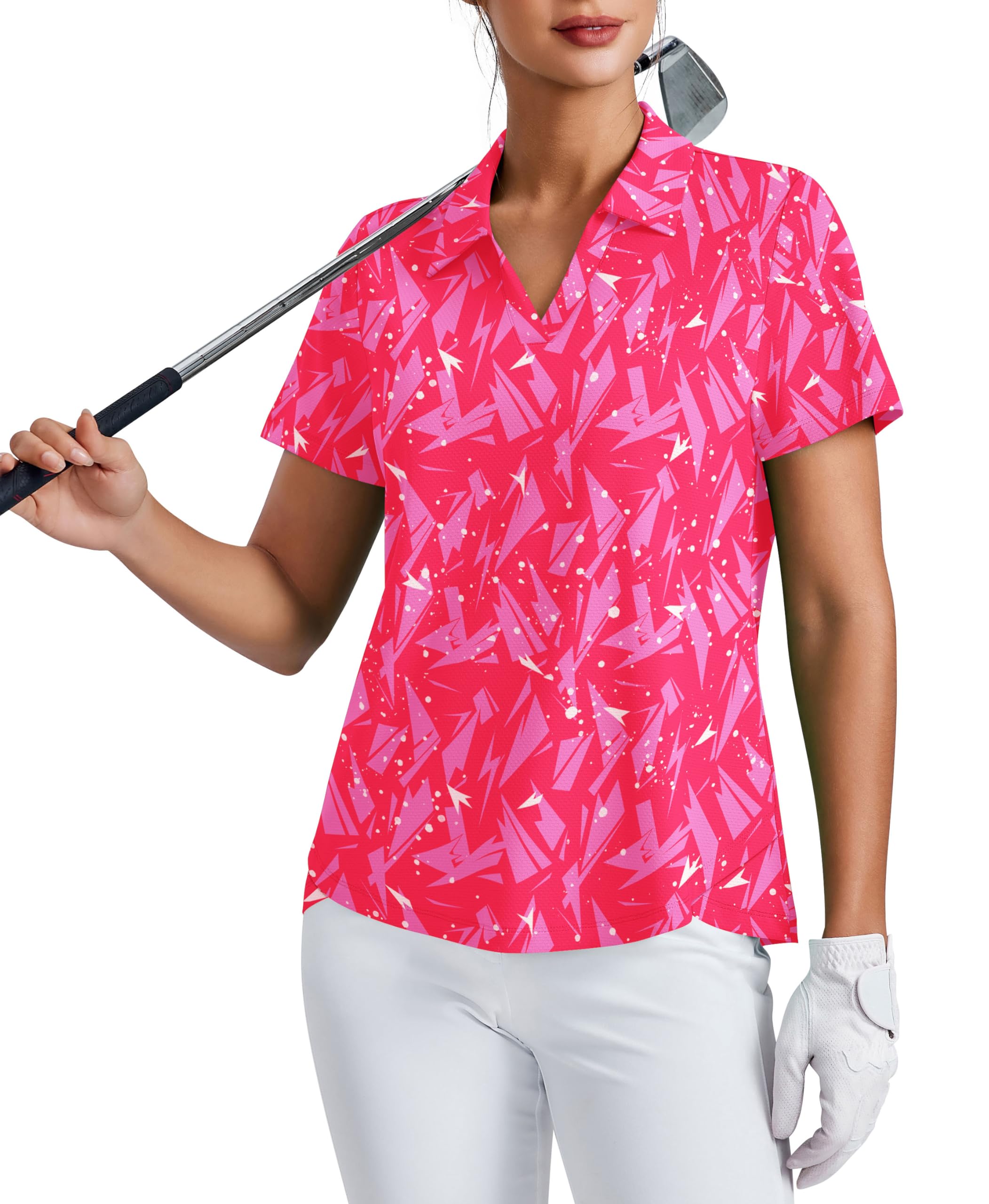 PINSPARK Womens Golf Shirt Short Sleeve Polo Shirts UPF 50 Tennis Top V-Neck Workout Tops Collared Activewear T-Shirts