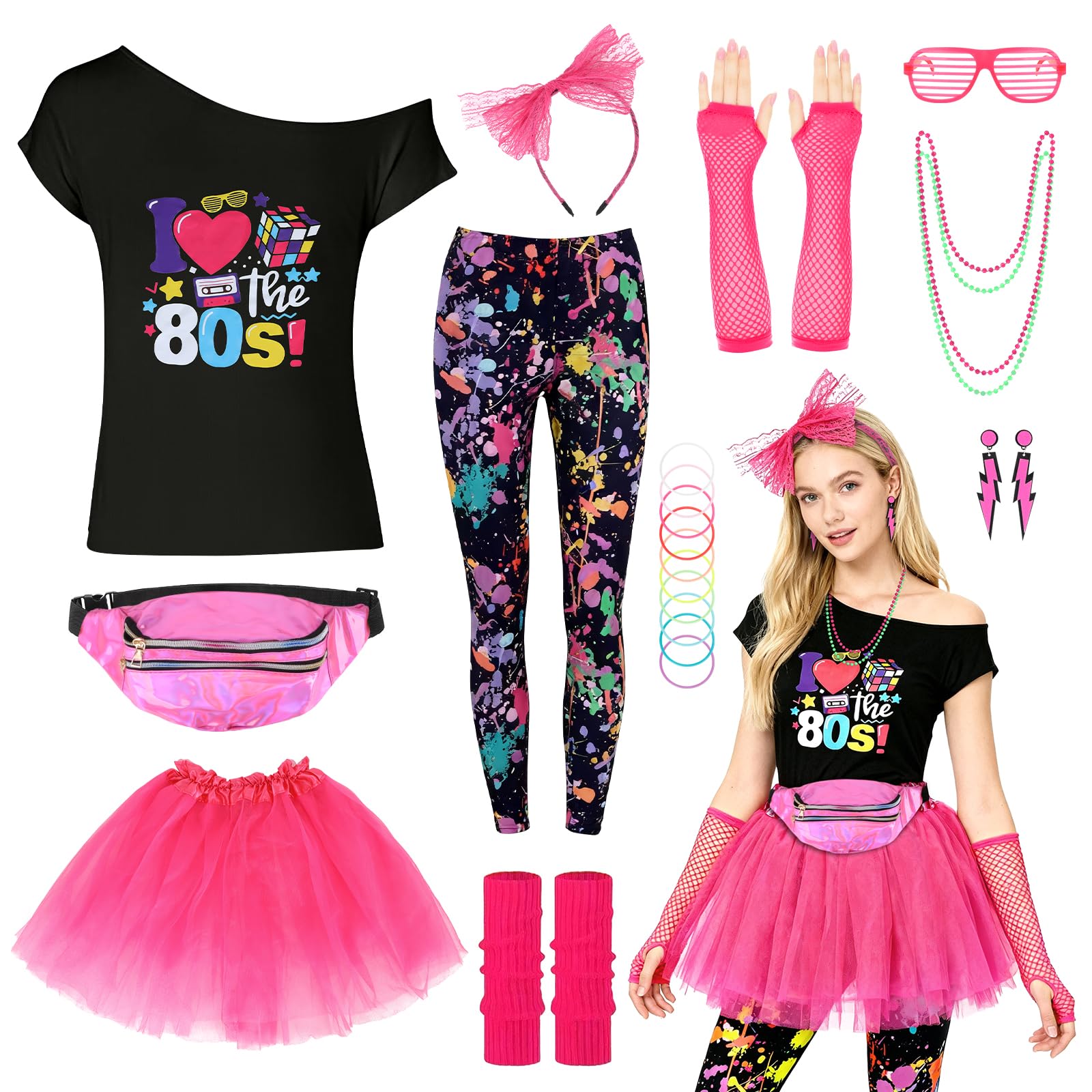 HuiJuKeJi 80s Fancy Dress Outfit for Women 80s Party Costume Set Ladies 1980s Fancy Dress Costume Neon Costumes Outfits Accessories for Retro Theme Party Retro Outfit Party Dress up (L) - BigaMart HuiJuKeJi 80s Fancy Dress Outfit for Women 80s Party Costume Set Ladies 1980s Fancy Dress Costume Neon Costumes Outfits Accessories for Retro Theme Party Retro Outfit Party Dress up (L) - BigaMart