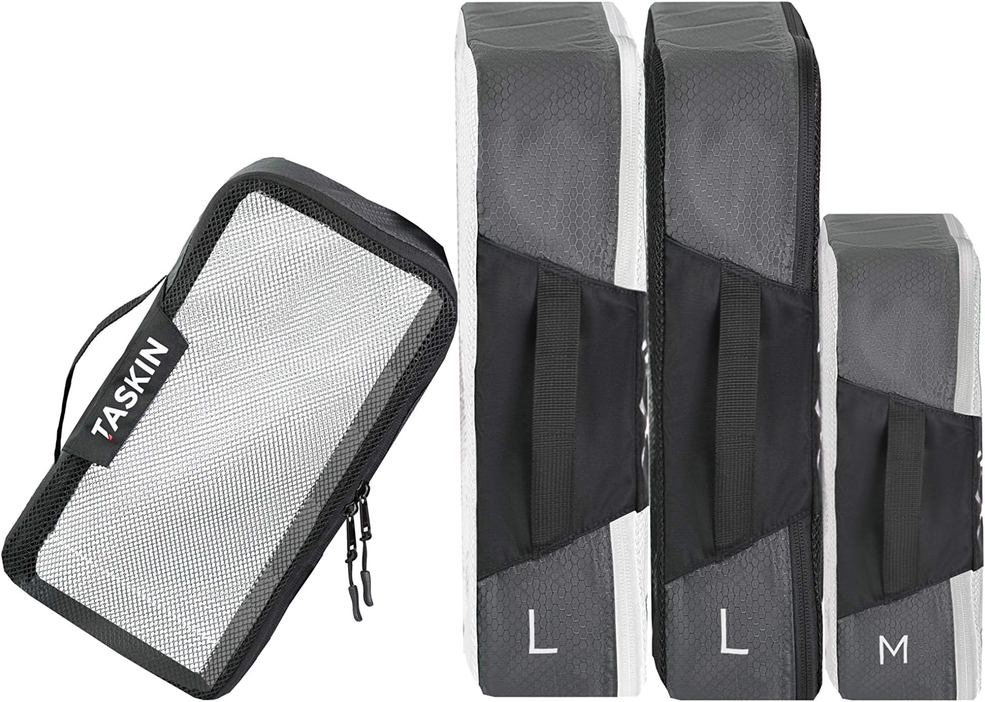 Taskin Air | Ultralight Clear-View Premium Packing Cubes | Genuine YKK Zippers (Black & White | 2L + 2M | Fills 1 Carry-on)