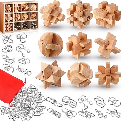 Yilloog Juego de 45 piezas de rompecabezas de madera 3D que incluye rompecabezas de metal y madera para desafiantes rompecabezas para adultos y