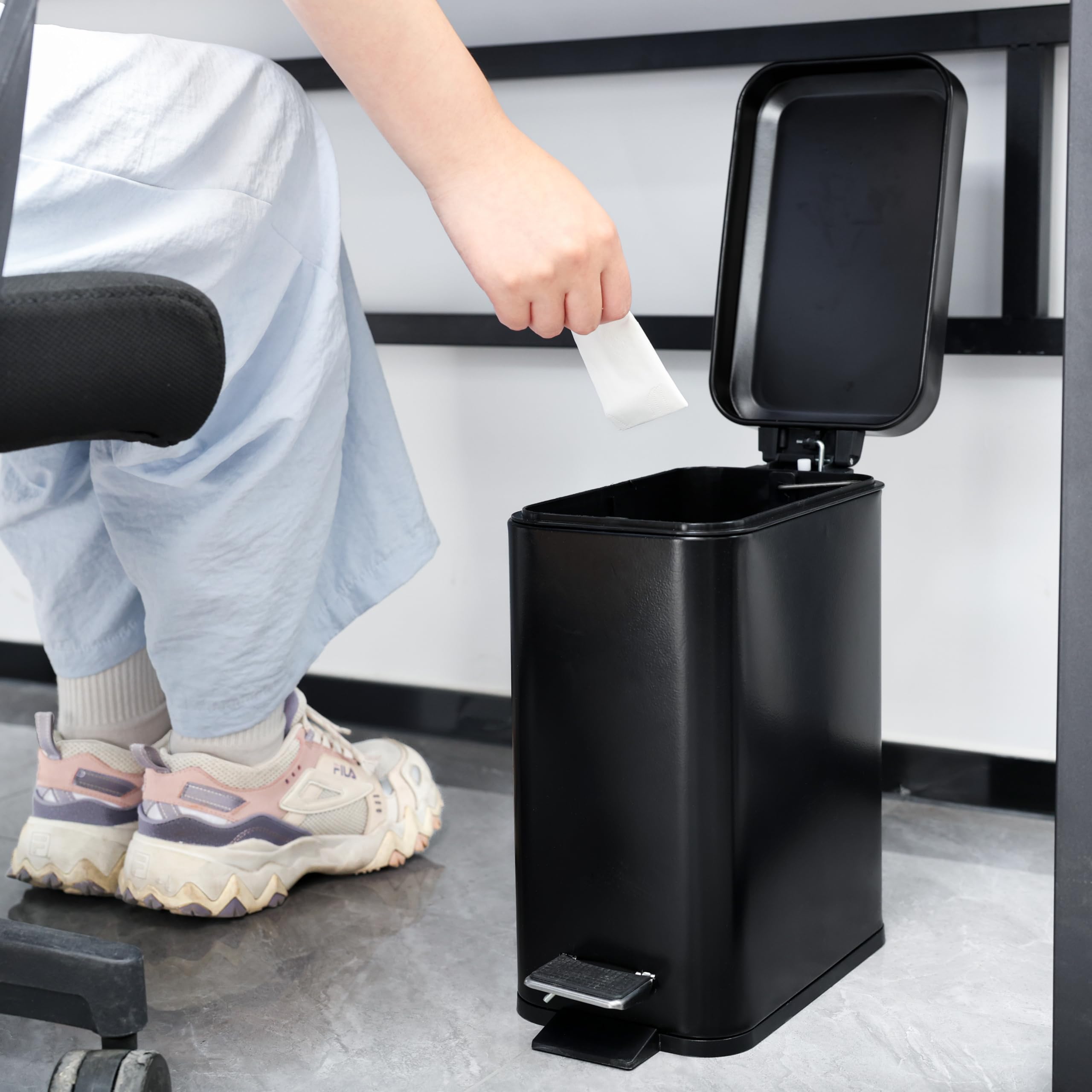 1.3 Gallon- Rectangular Small Steel Step Trash Can Wastebasket,Stainless Steel Bathroom Slim Profile Trash Can,5 Liter Garbage Container Bin for Bathroom,Living Room,Office and Kitchen,Black 4