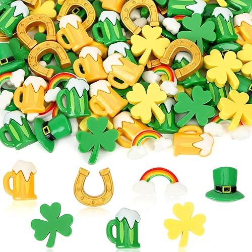 JUNEBRUSHS 80pcs St Patricks Day Mini Resin Figurines, St. Patrick's Day Resin Miniatures Gold Green Decorations for DIY Crafts and Party Themes