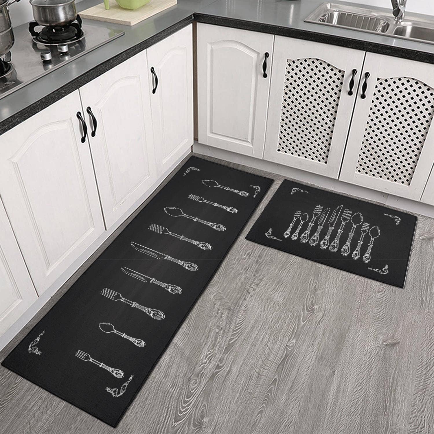 Black Kitchen Rugs and Mats Non Skid Washable Absorbent Microfiber Kitchen Mat for Floor, Kitchen Mat Set of 2 Black Kitchen Decor Stain Resistant 17"x47"+17"x30"