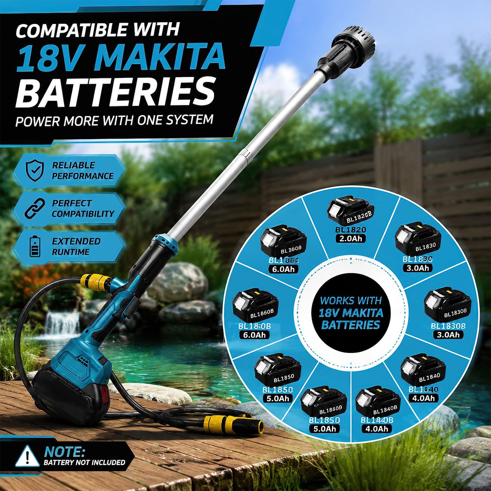 Akku-Tauchdruck/Regenfasspumpe für Makita 18V Akku, max. 3000 L/h Kabellose Stabwasserpumpe, 6m Förderhöhe, kabellose Hauswasserpumpe für Regentonnen Zisternen Garten Bewässerung (0 Batterie)
