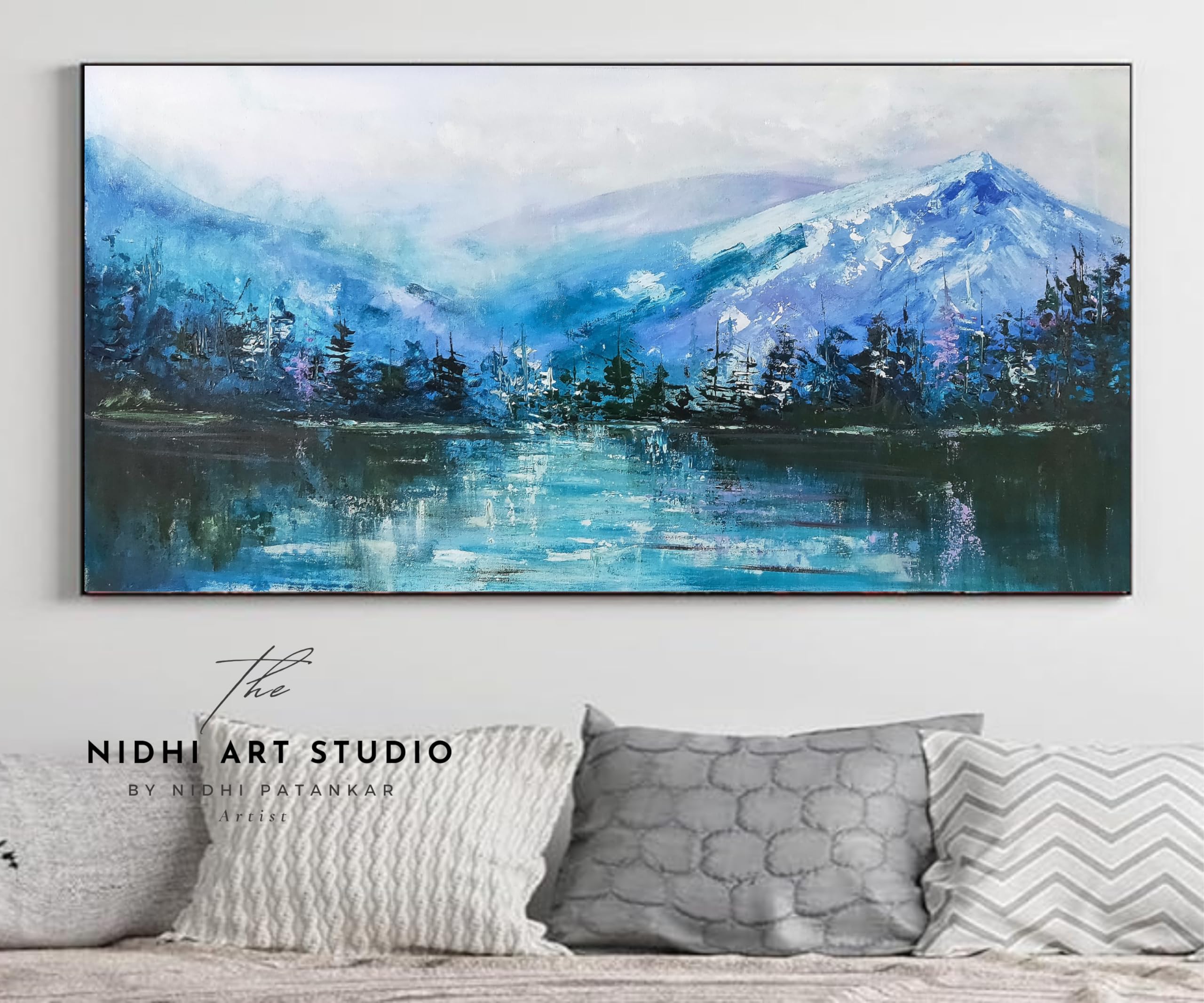 NIDHI ART STUDIO Handpainted Large size Landscape Painting for Living Room | Big landscape painting for home bedroom | Abstract Landscape Painting (40x20 Inches) (Misty Mountains)