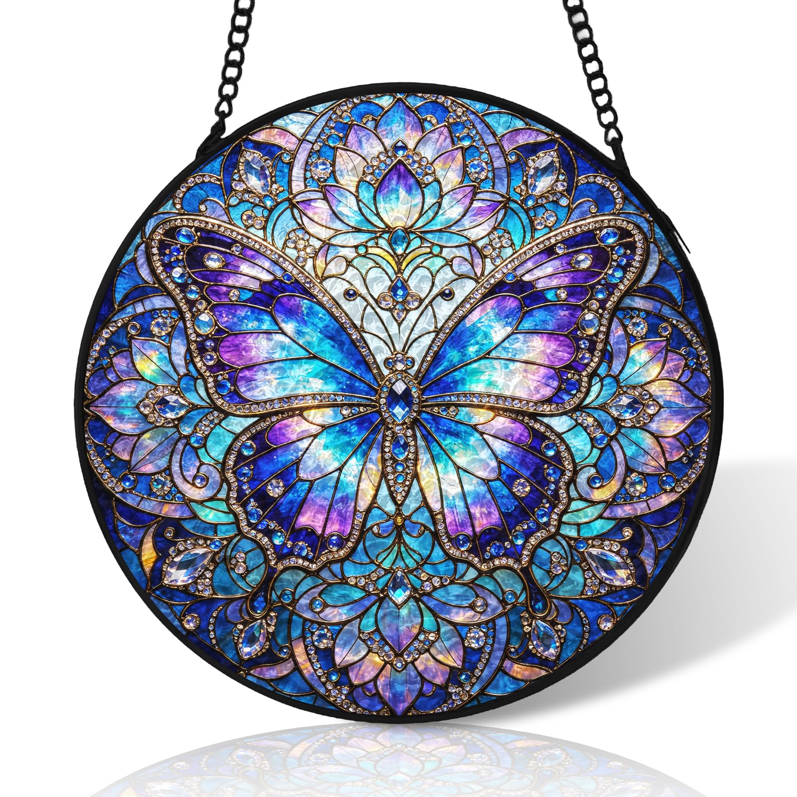 8 inch Purple Butterfly Stained Glass Suncatcher Windows Hanging,Stained Glass Ornament Home Decor,Suncatchers for Windows Hanging,Birthday Gifts for Women,Lovers,Friend(Black)