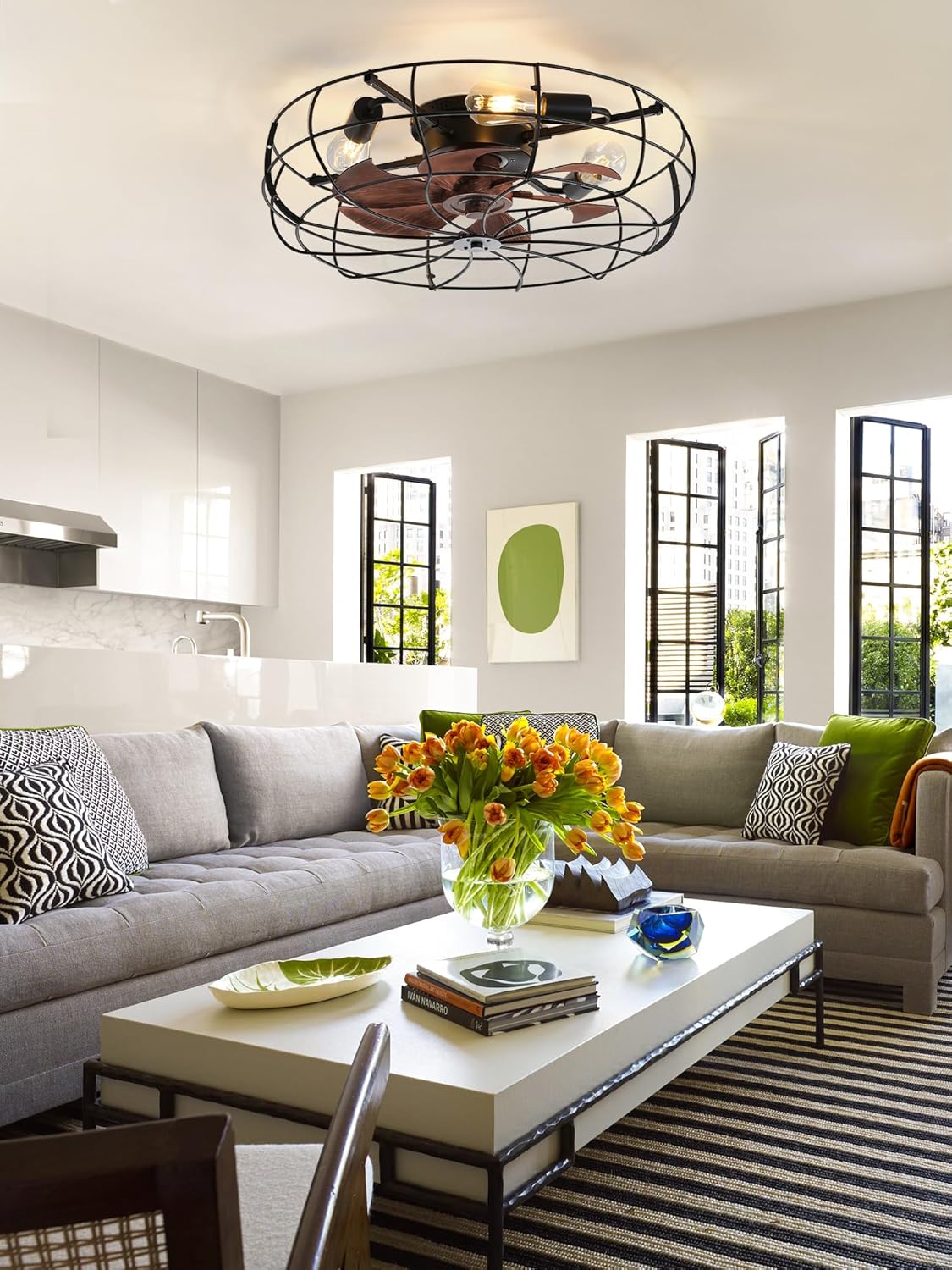 LEDIARY 23 Inch Large Caged Ceiling Fan with Light, Flush Mount Low Profile with Remote Control, Farmhouse Industrial Bladeless Fan Light for Bedroom, Kitchen, Indoor