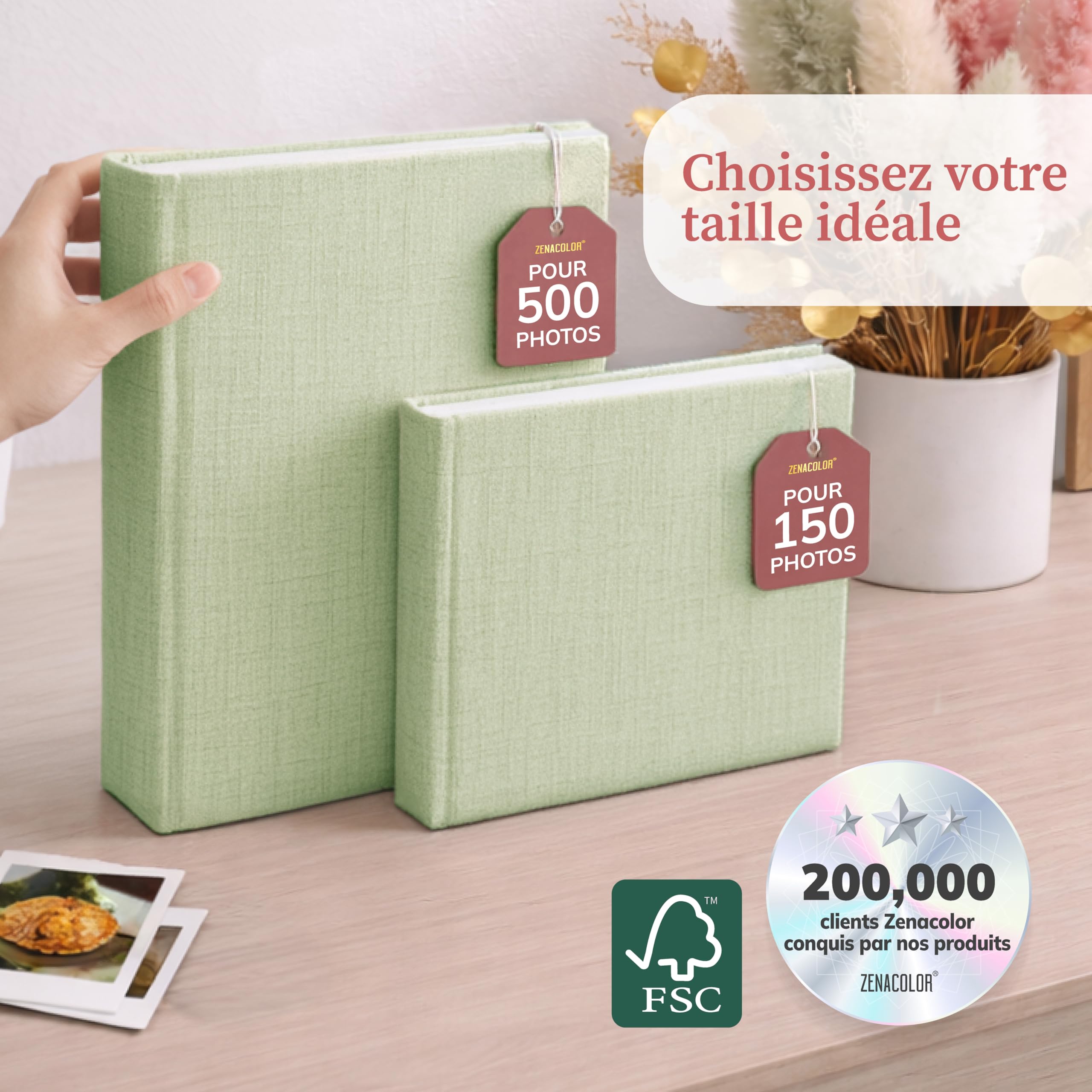 Zenacolor Album Photo Vierge - Albums photo 30x30cm Vert en Lin - Album photos 100 pages avec espace pour 500 photos