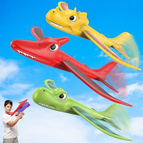 Paquete de 3 juguetes lanzador de aviones dinosaurio, 2 modos de vuelo, planeador de espuma, catapulta de avión de juguete para niños, juguetes disponible en Yaxa Colombia
