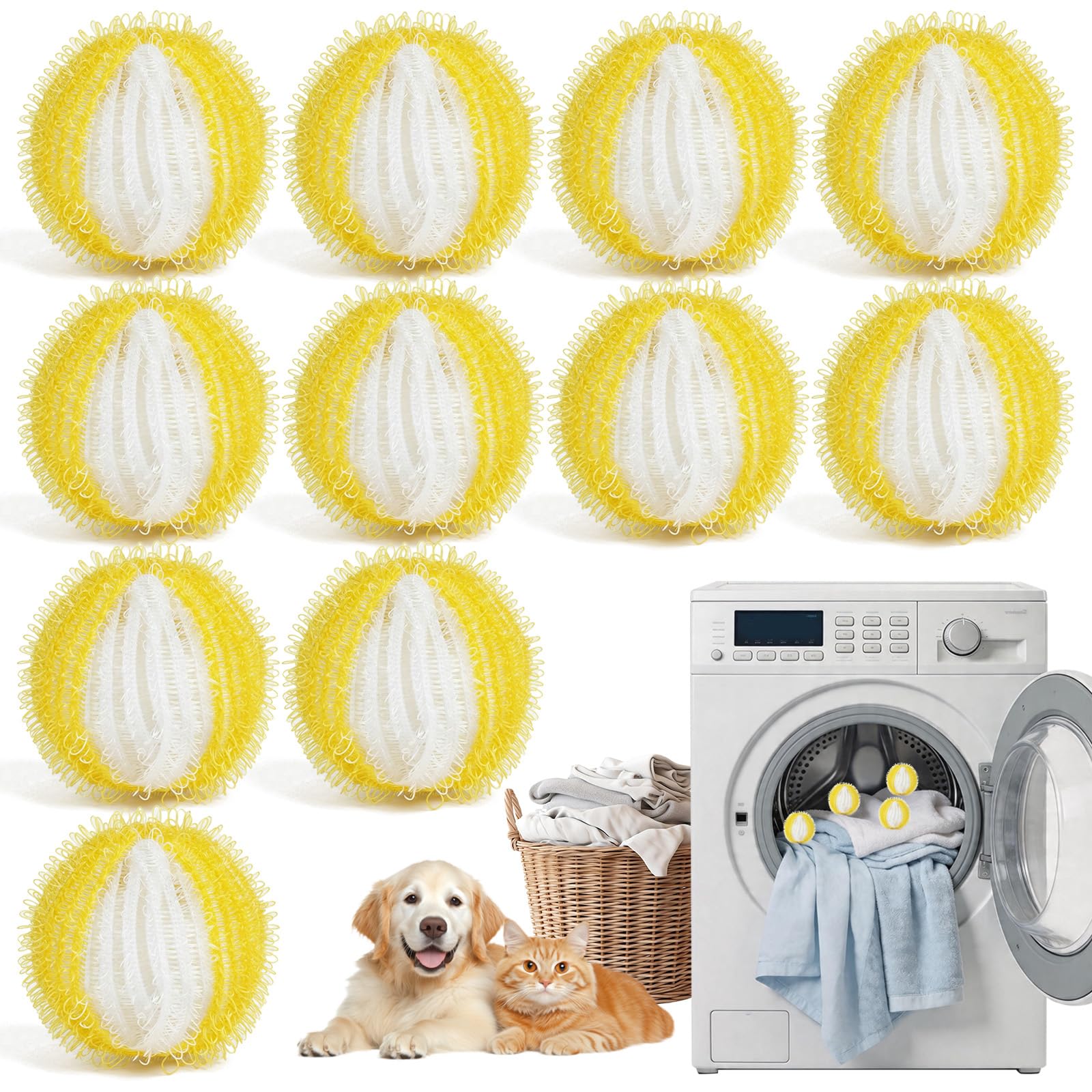 Laundry Balls, 11PCS Pet Hair Remover for Laundry, Reusable Lint Catcher Washing Machines Animal Fur Clothes Hamper Hair Remover for Laundry Bedding Clothes（11,Yellow and White)
