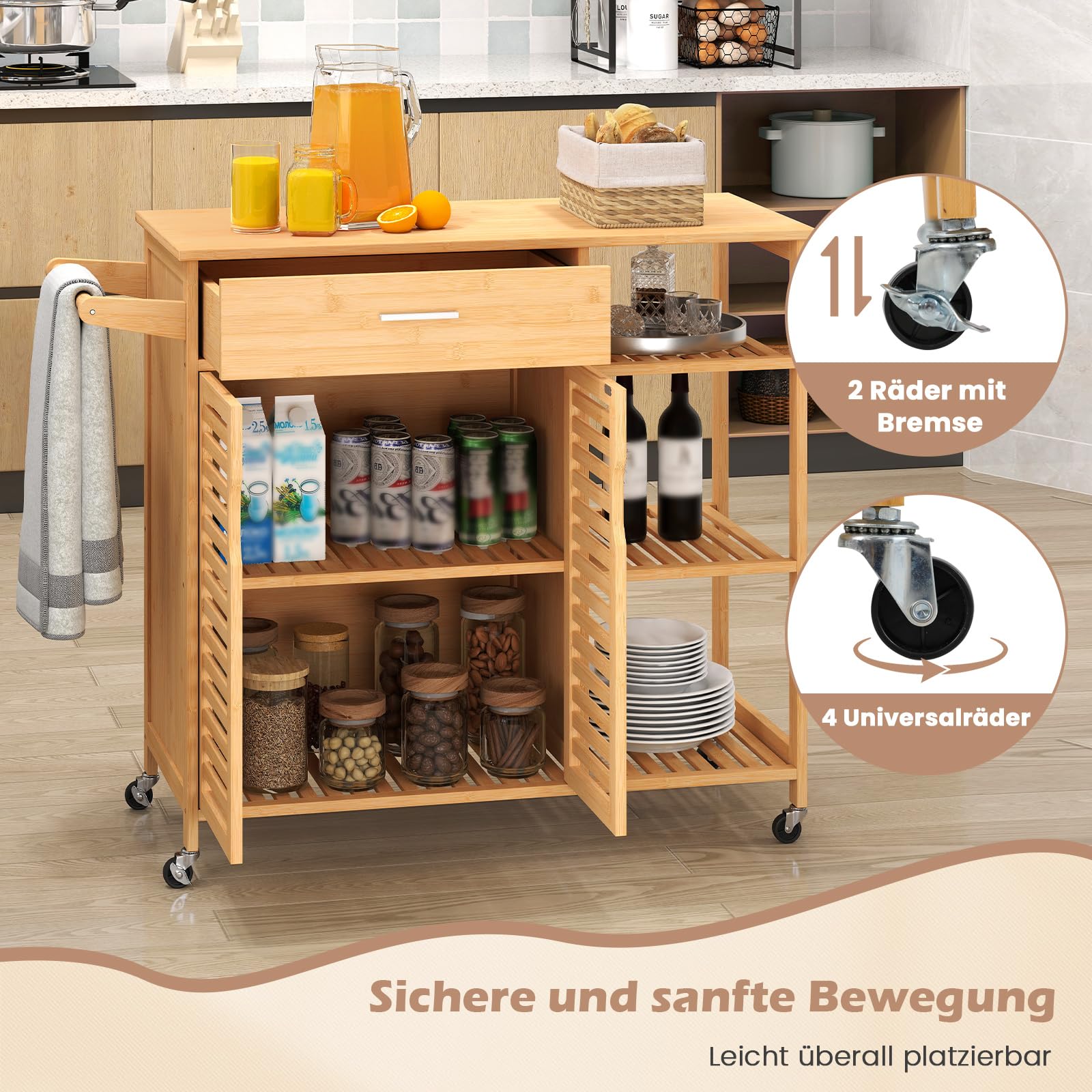 COSTWAY Küchenwagen aus Holz und Bambus, Küchenschrank mit Rollen, Rollwagen mit Schublade, offenen Regalen, Handtuchhalter, 2 Lattentüren, für Esszimmer, Wohnzimmer, 104 x 40 x 89 cm, Natur