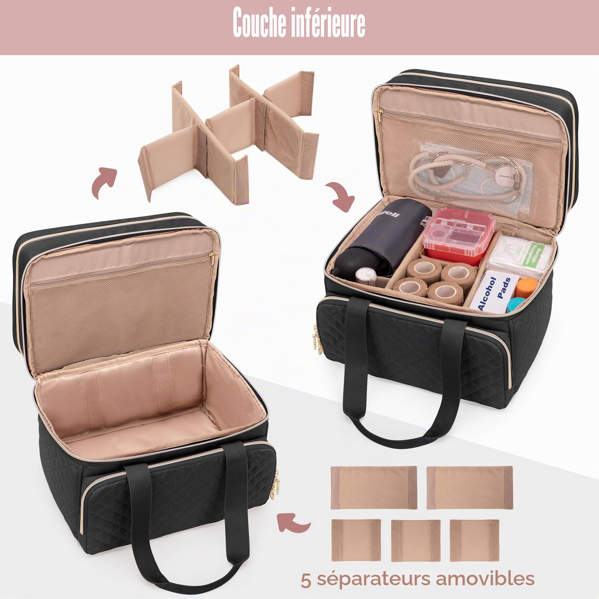 Yarwo Mallette Infirmière Libérale à Double Couche, Trousse de Secours avec Rangement pour Médicaments, Sac Médical Noir