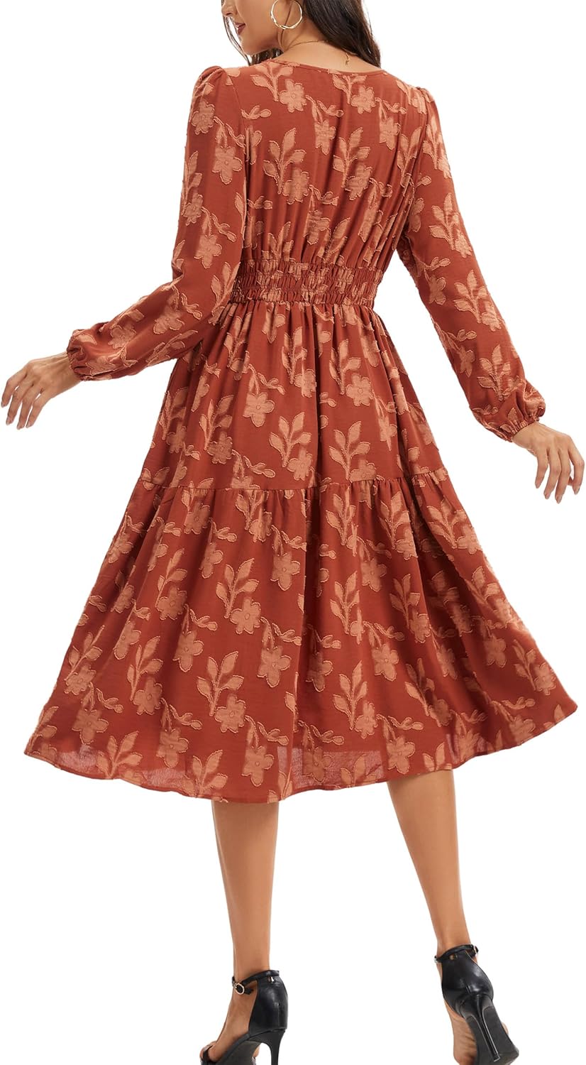 Kormei Women Casual Boho Floral Long Sleeve Midi Dress Round Neck Smocked Waist Tiered Flowy Fall Swing Short Dresses - Image 5