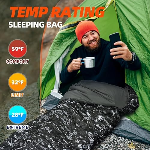 Miniatura 2 de MEREZA Saco de dormir para adultos, hombres y niños con almohada, saco de dormir XL para todas las estaciones, camping, senderismo, mochilero, 3-4