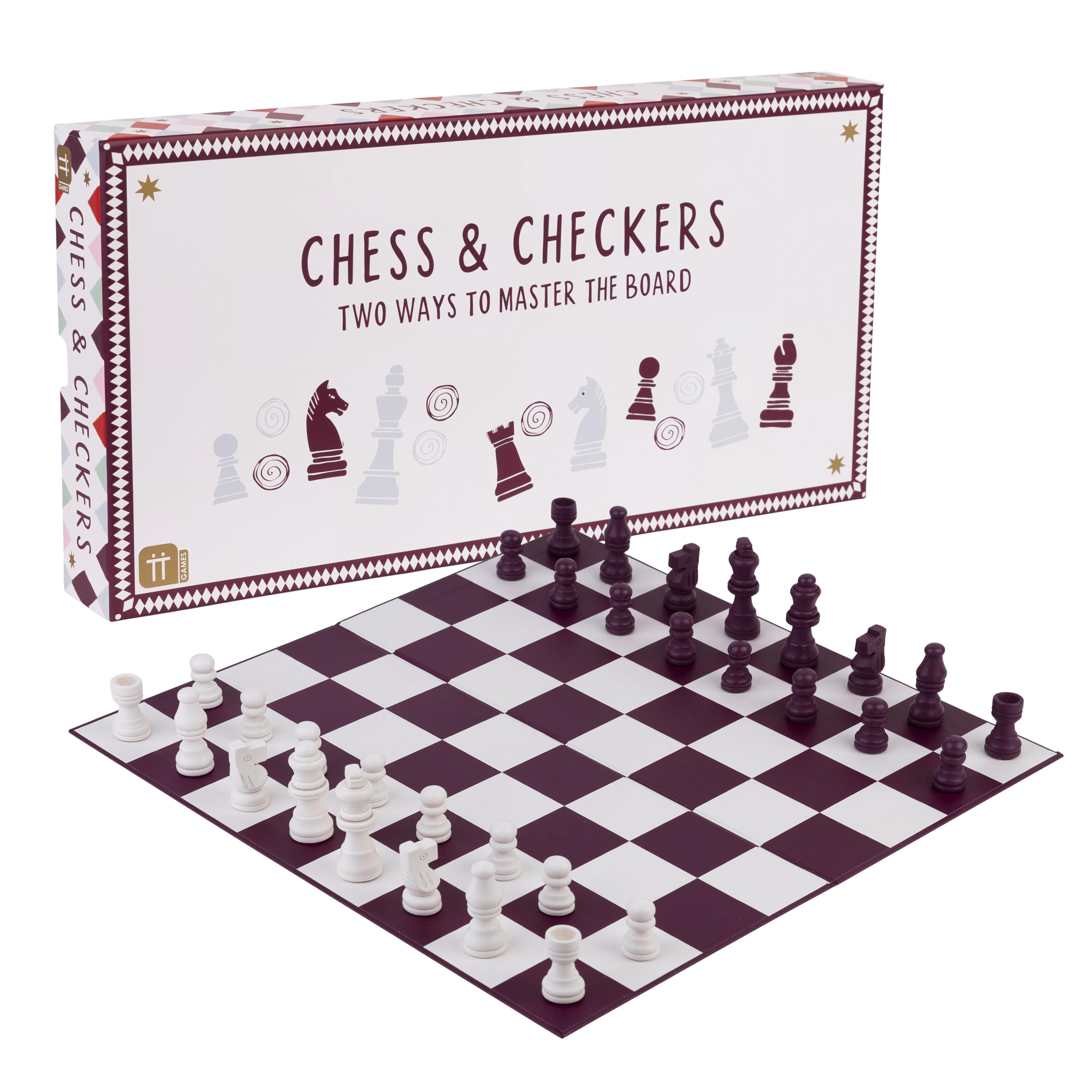 Talking Tables Chess Board & Checkers Set – Premium 2 in 1 Chess Set for Adults Board Games Set for Adults & Families – Decorative Reversible Board with Wooden Pieces & Cotton Storage Bags