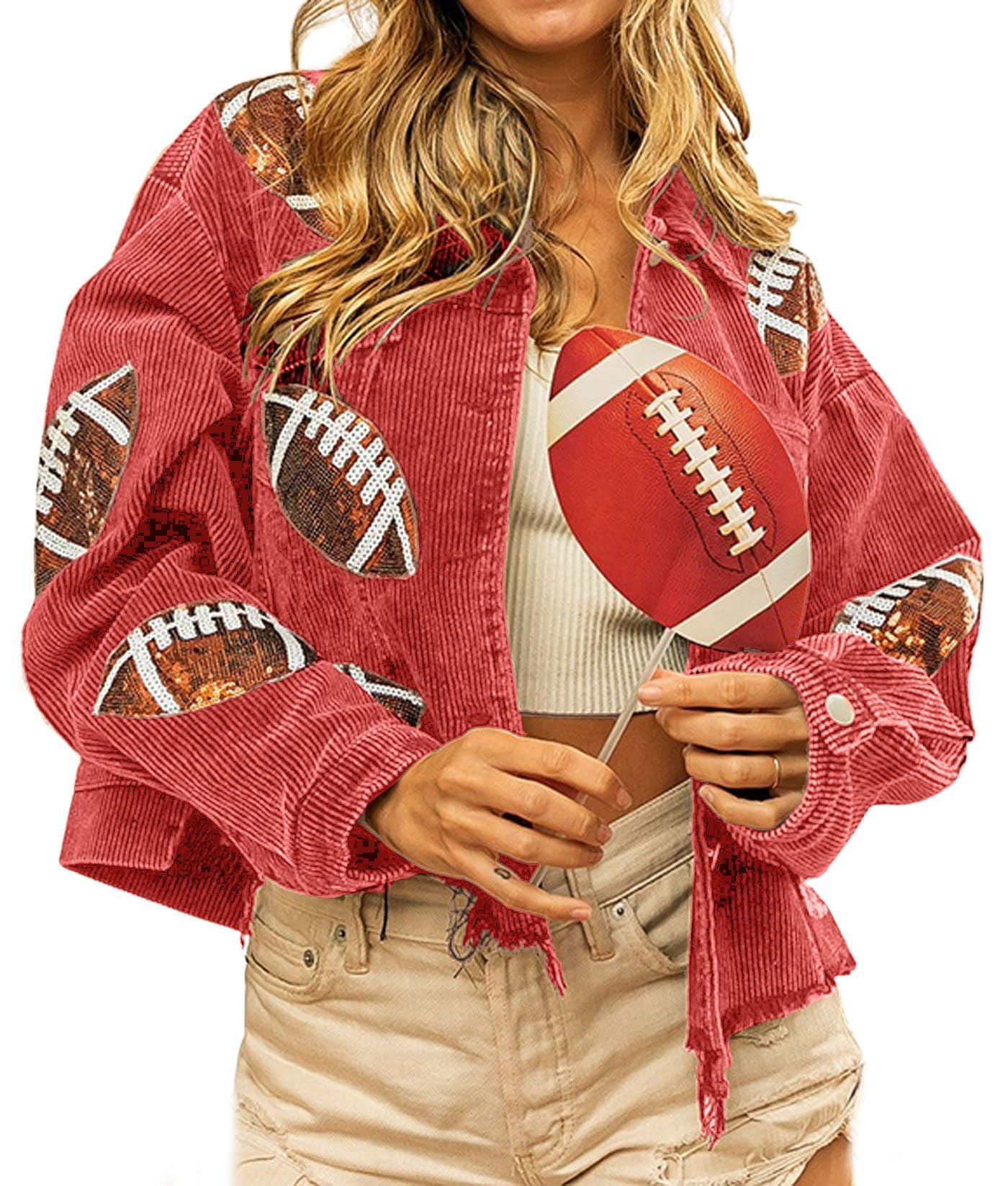 yoeasy Women's Corduroy Rugby Sequin Crop Jacket Raw Hem Vintage Football Distressed Short Jacket Coat With Pockets