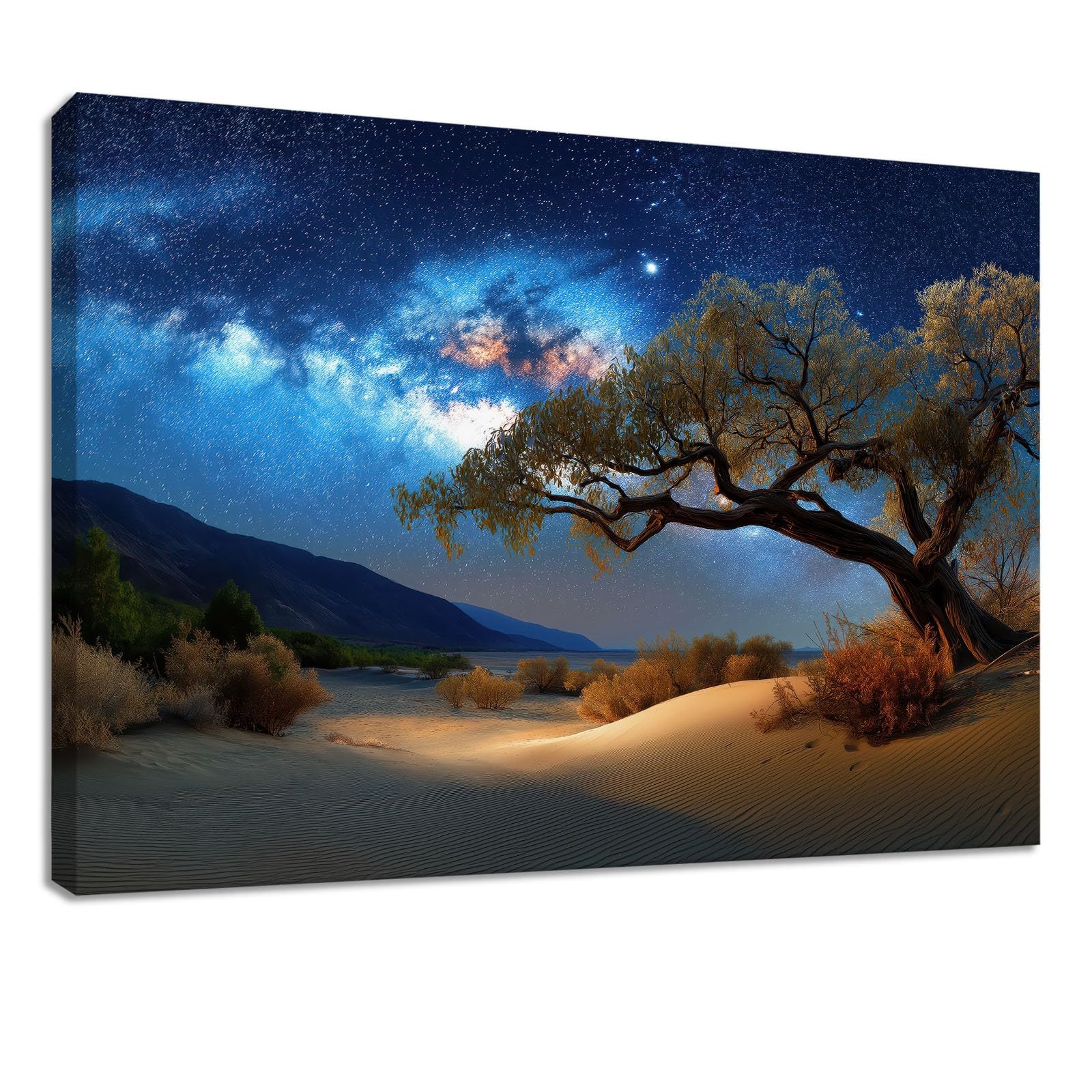 Obrazy na płótnie, gwiaździste niebo, droga mleczna, obrazy ścienne do salonu, 120 x 60 cm, druk artystyczny, obrazy na płótnie, niebieskie wydmy, drzewa, góry, dekoracja ścienna do korytarza