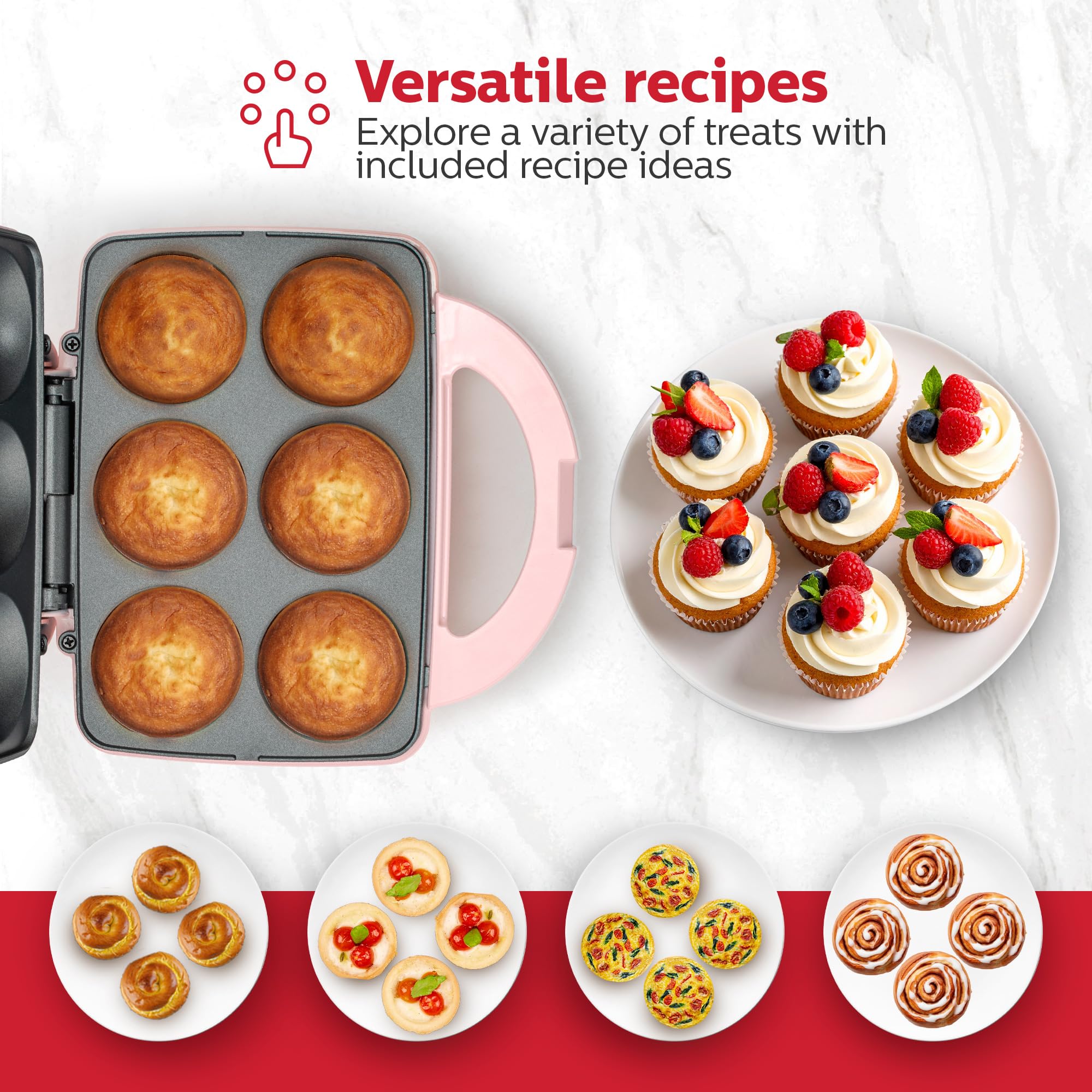 Holstein Housewares 6-pak elektrycznych nieprzywierających różowych maszyn do pieczenia - piecze 6 babeczek, babeczek, kubków do pizzy, bułek cynamonowych - idealne na prezenty, urodziny, święta lub