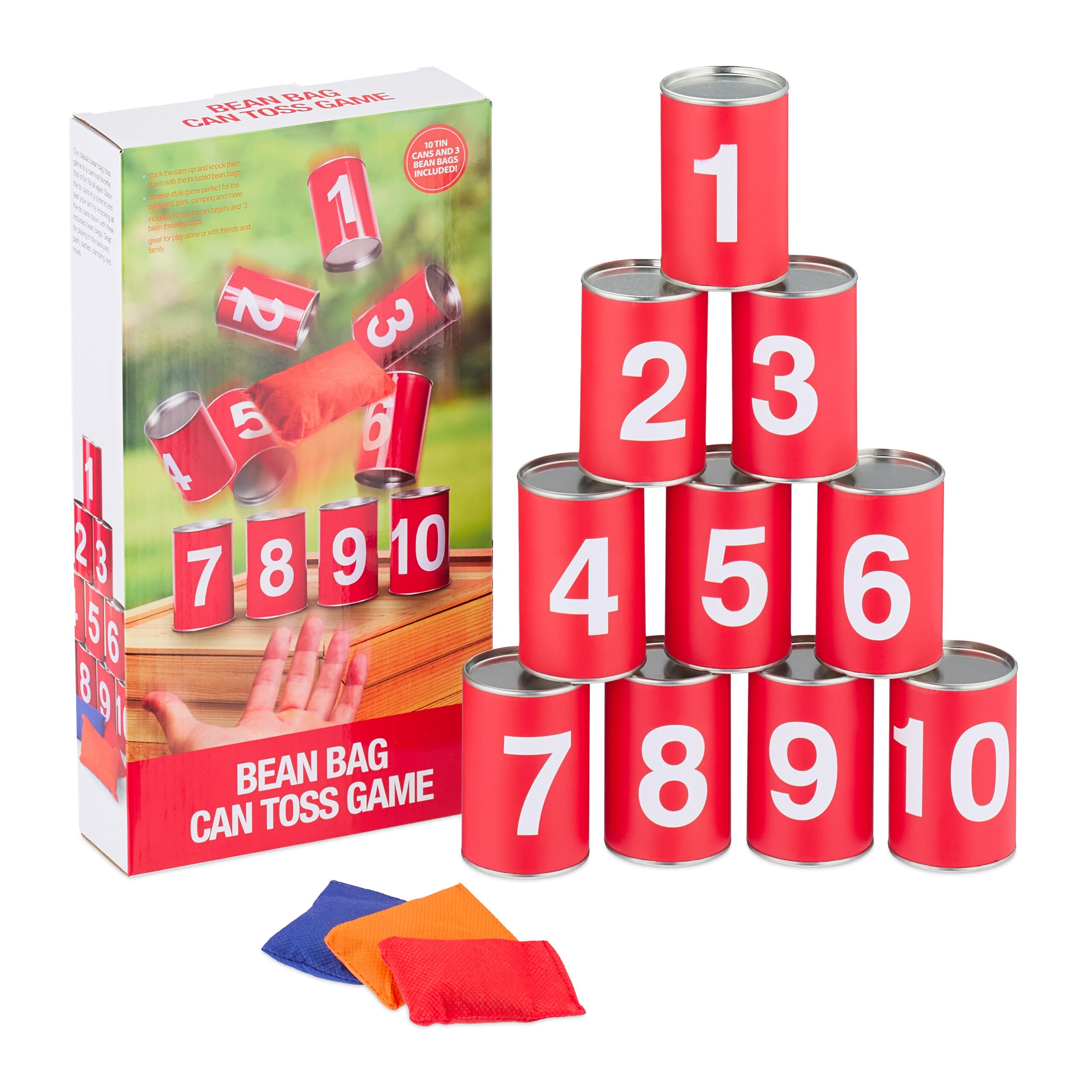Relaxdays Tiro al Barattolo per Bambini, Giochi da Giardino, 10 Lattine e 3 Sacchi, per Feste di Compleanno, Rosso