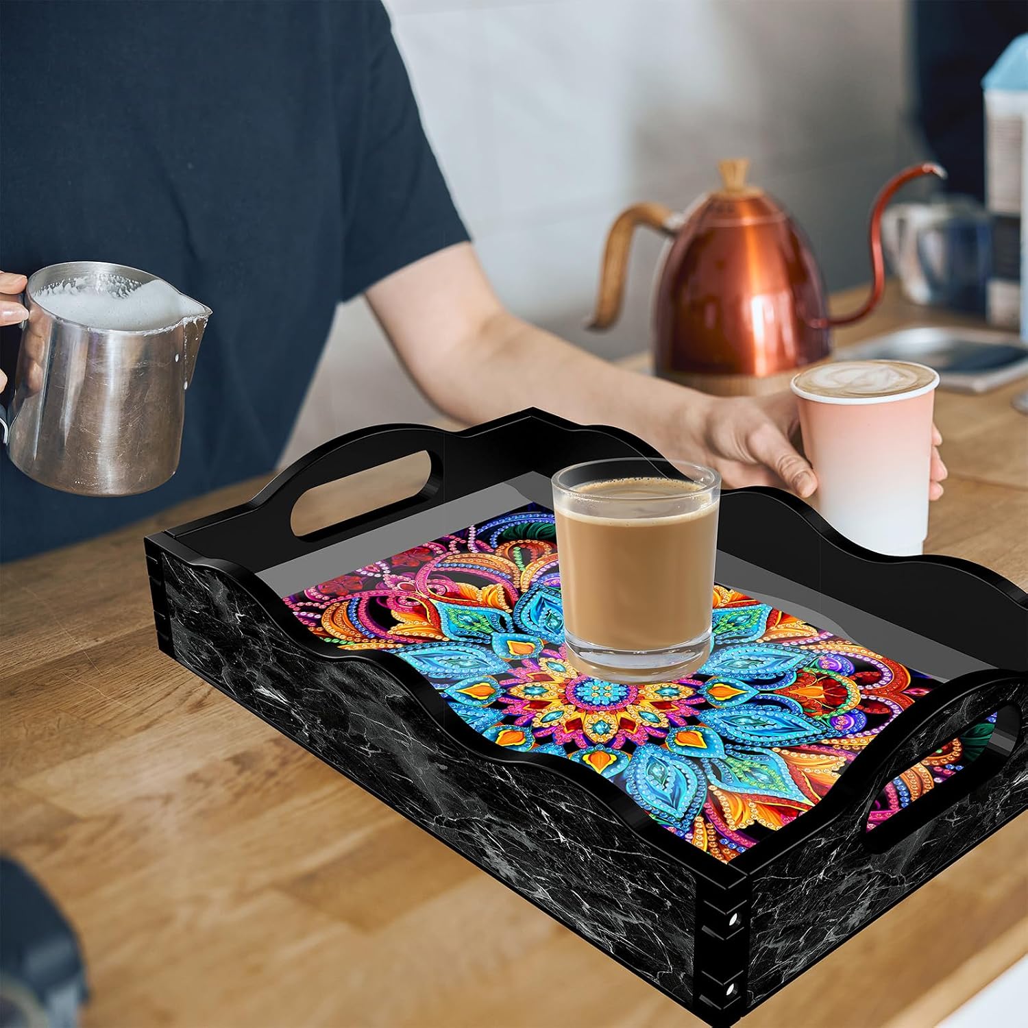 YGbaby DIY 5D Mandala Diamond Painting Plastic Serving Tray with Handles 12"x 8" Diamond Art Black Marble Pattern Decoration Serving Trays Plastic Tray for Coffee Table, Ottoman, Party