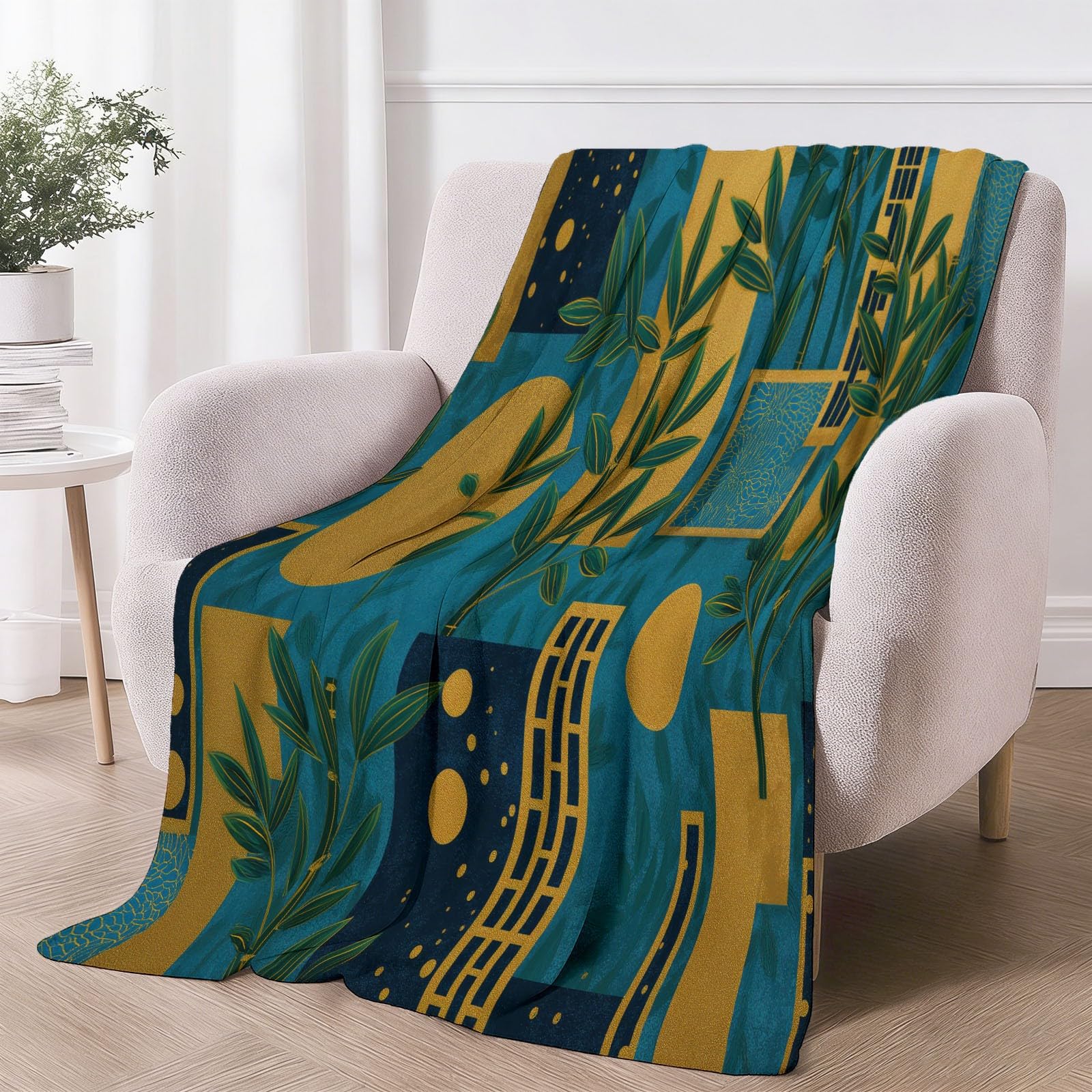 Koc flanelowy z nadrukiem w stylu vintage rośliny geometryczne liście bambusa, niebieski żółty miękki i ciepły - sofa rozkładana sypialnia, idealny prezent na wszystkie pory roku - 150 × 200 cm