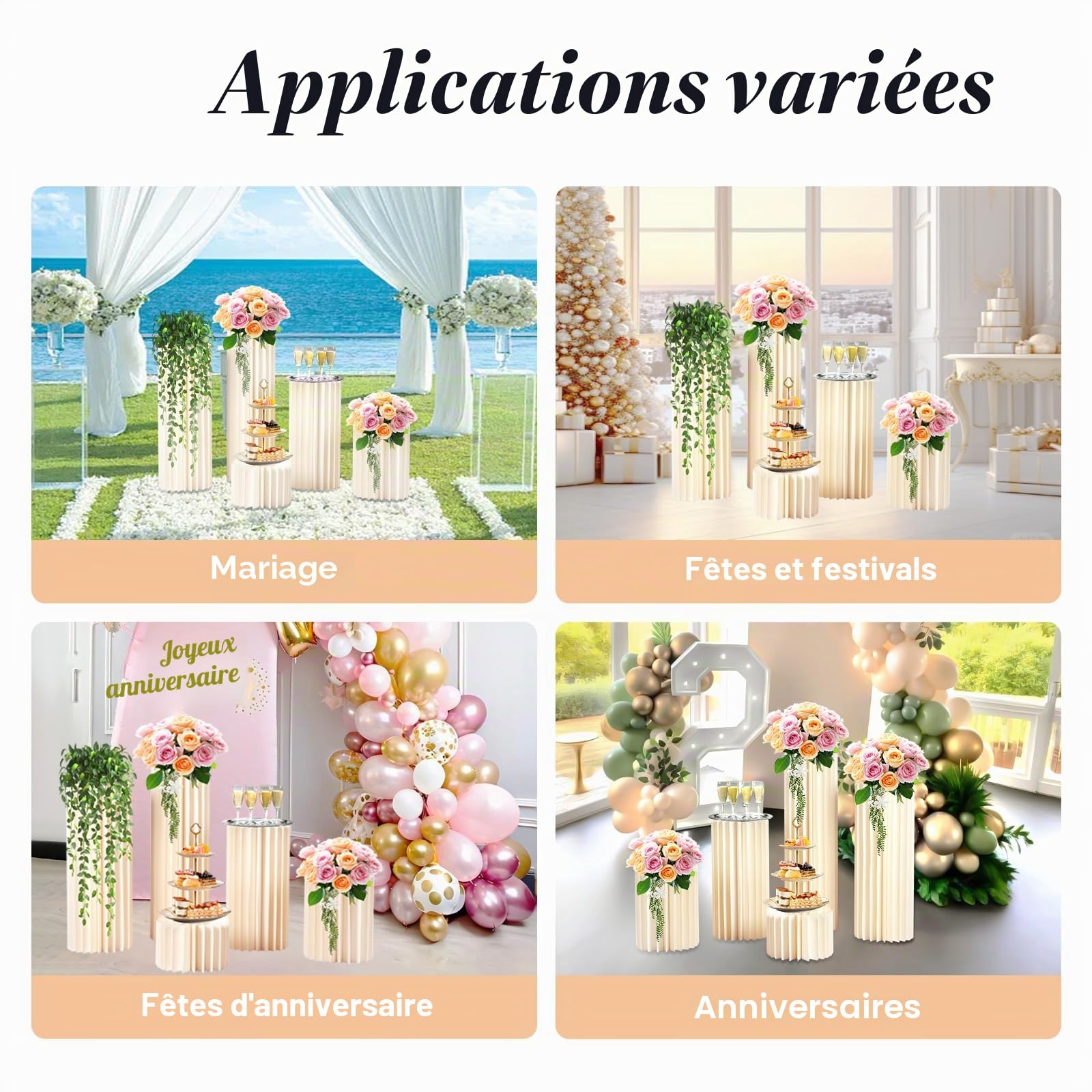 Lot de 5 supports de fleurs pliables en papier blanc, 20/40/60/80/100 cm de haut, en papier blanc, support à gâteau, support cylindrique avec panneau en PVC, présentoir pour mariage, anniversaire