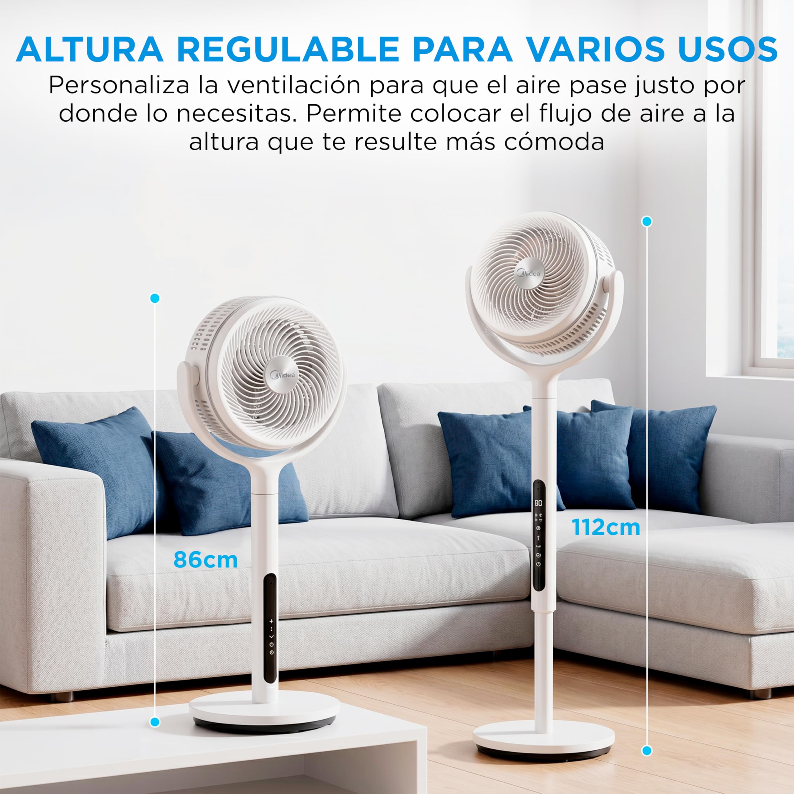 Midea Ventilador de Pie de 12 Velocidades con Mando a Distancia - Ventilador Silencioso con Oscilación 120º + 135º y Altura Regulable - Temporizador, Filtro, Doble Aspa, y 3 Modos - Alcance hasta 24 m