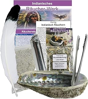 8-TLG Smudge Kit Räucherset Indian-Spirit. Räuchermuschel 12-16cm + schamanische Räuchermischung + Feder + Zange + Kohle +...