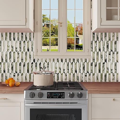 Miniatura 4 de Vamos Tile Azulejo verde sin costuras, 10 hojas para salpicaduras para cocina y baño, aspecto de mármol blanco y verde, azulejos de mosaico
