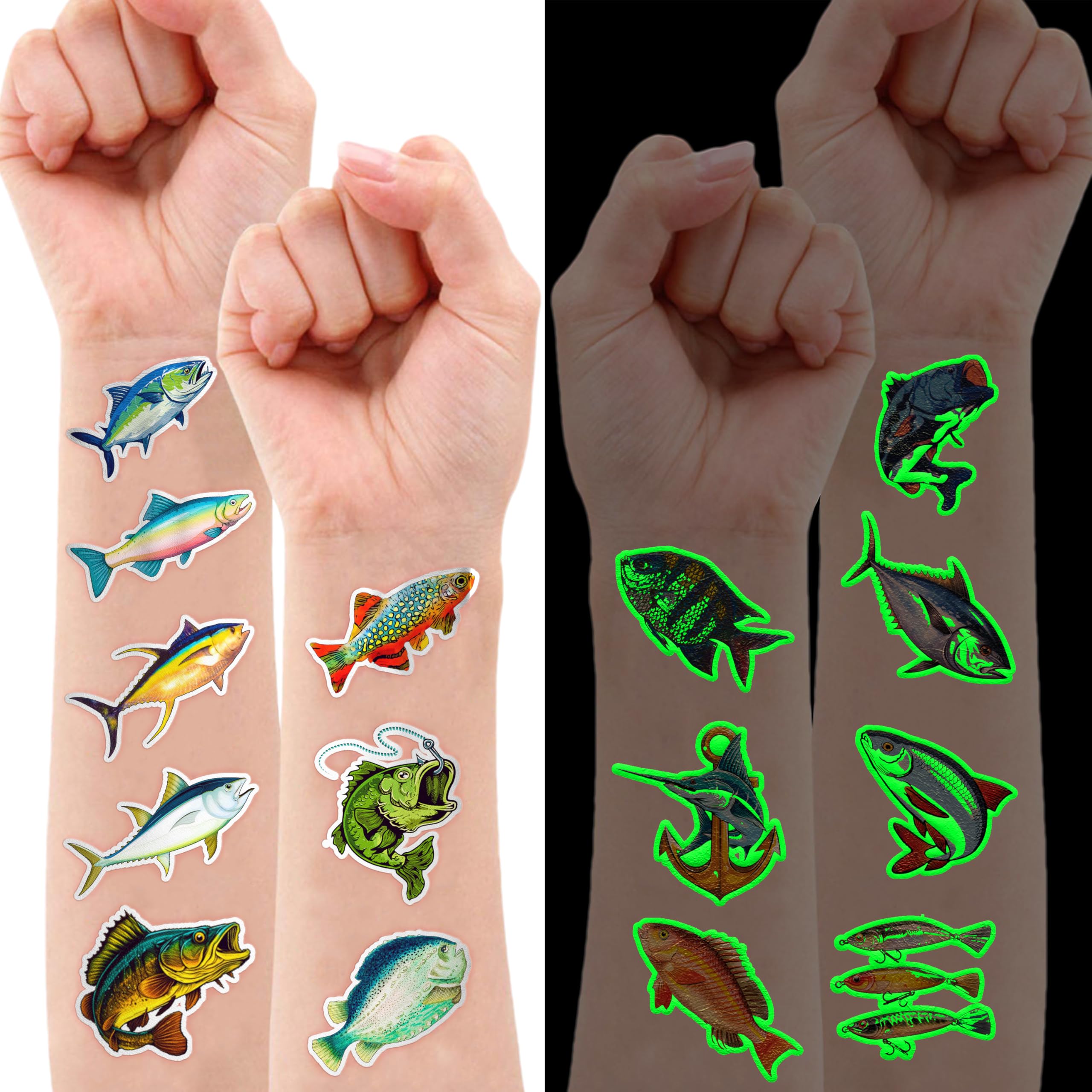 96 PCS Fishing Pre-Cut Luminous Temporary Tattoos Birthday Party Decorations Favors Supplies Decor Gone Fishing Fisherman Glow in The Dark Stickers For Girls Boys Gift School Prizes Rewards (Luminous)
