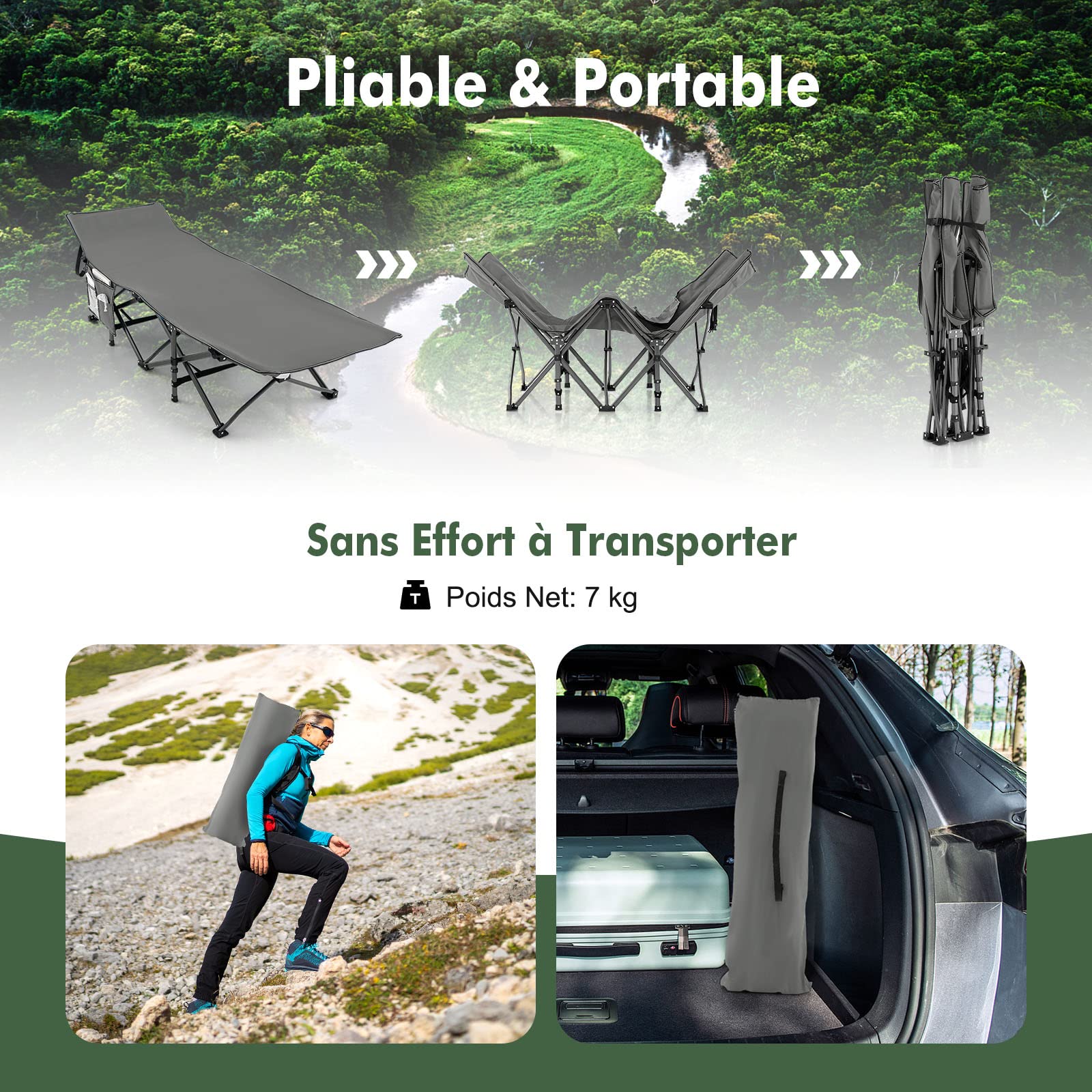 GYMAX Lit de Camp Pliable 1 Personnes, Charge 160kg, Lit de Couchage Robuste avec Pochette 3-en-1, Sac de Transport, Lit de Tente pour Camping, Voyage, Randonnée
