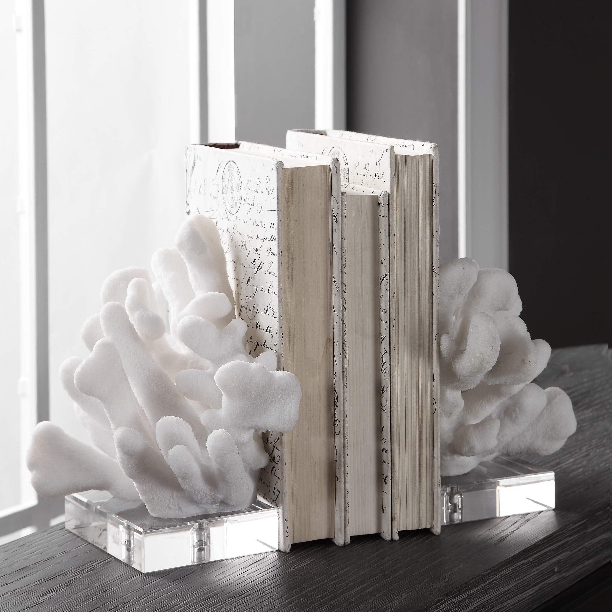 MY SWANKY HOME Luxe White Faux Coral Sculpture Bookends Set 2 Crystal Coastal Reef Sea Shell