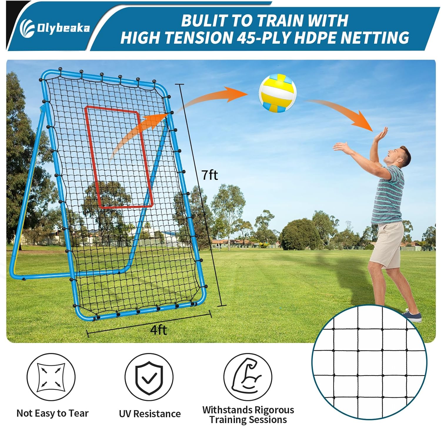 5 Adjustable Angles Volleyball Rebounder Net 7x4 ft with Stakes - Bounce Back Training Equipment for Practicing Volleying, Bumping, Spiking, Easy Set Up & Steady for Multi Sports (Blue, 4 * 7ft)