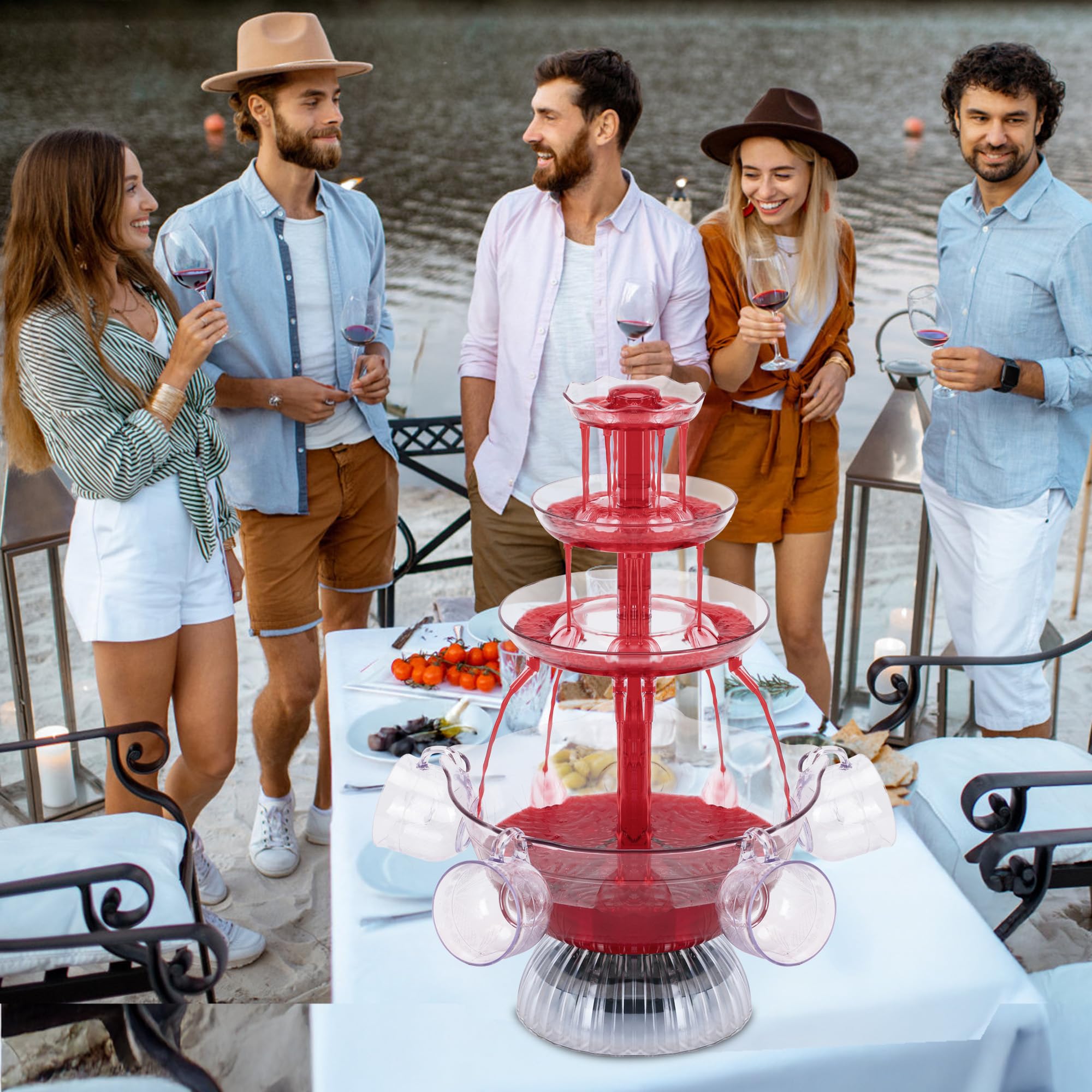 Fontaine à Vin Rouge 3 Niveaux Électrique avec 5 Tasses et Éclairage LED pour Fêtes