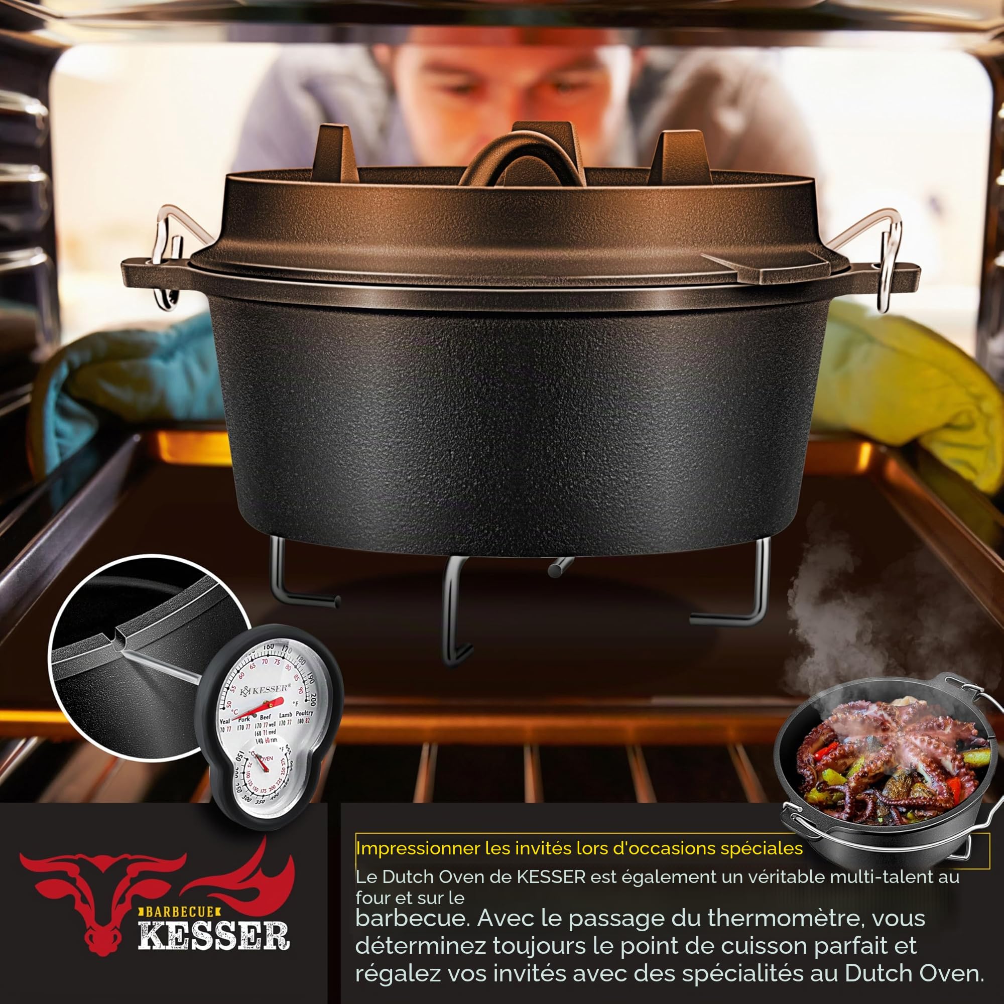 KESSER® Dutch Oven Set BBQ 9 litres, Marmite à feu avec dessous de plat en acier inoxydable, Casserole en fonte avec anse pour soulever le couvercle et fente pour le thermomètre, marmite de cuisson