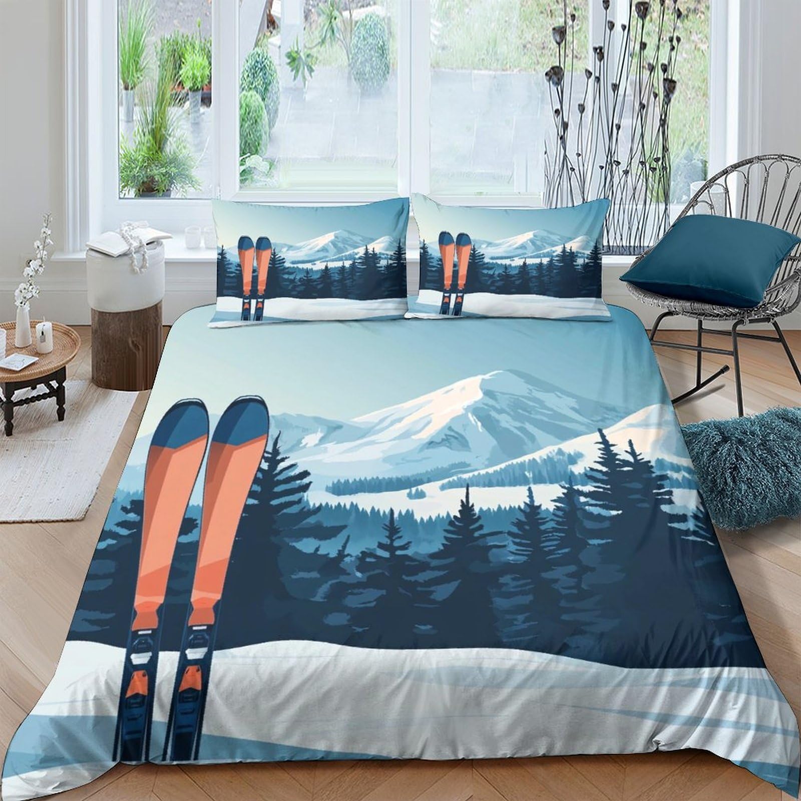TUFRTGYHN 3D Printed Ski Mountain Duvet Cover Set Microfiber Soft Breathable Winter Landscape Bedding for Bedroom Home with 2 Pillowcases Single（135x200cm）