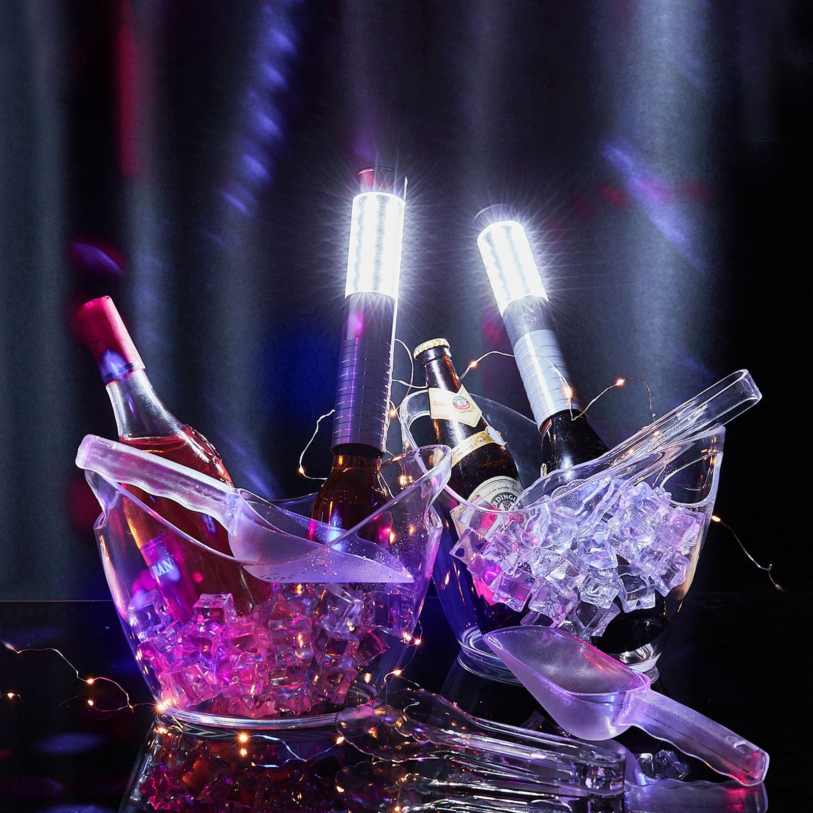 Sunnyray 2 Pcs LED Strobe Baton Lights, 2 Pcs Clear Acrylic Ice Buckets, 2 Pcs Ice Scoops and 2 Pcs Plastic Tongs for Cocktail Bar Party Concert Event