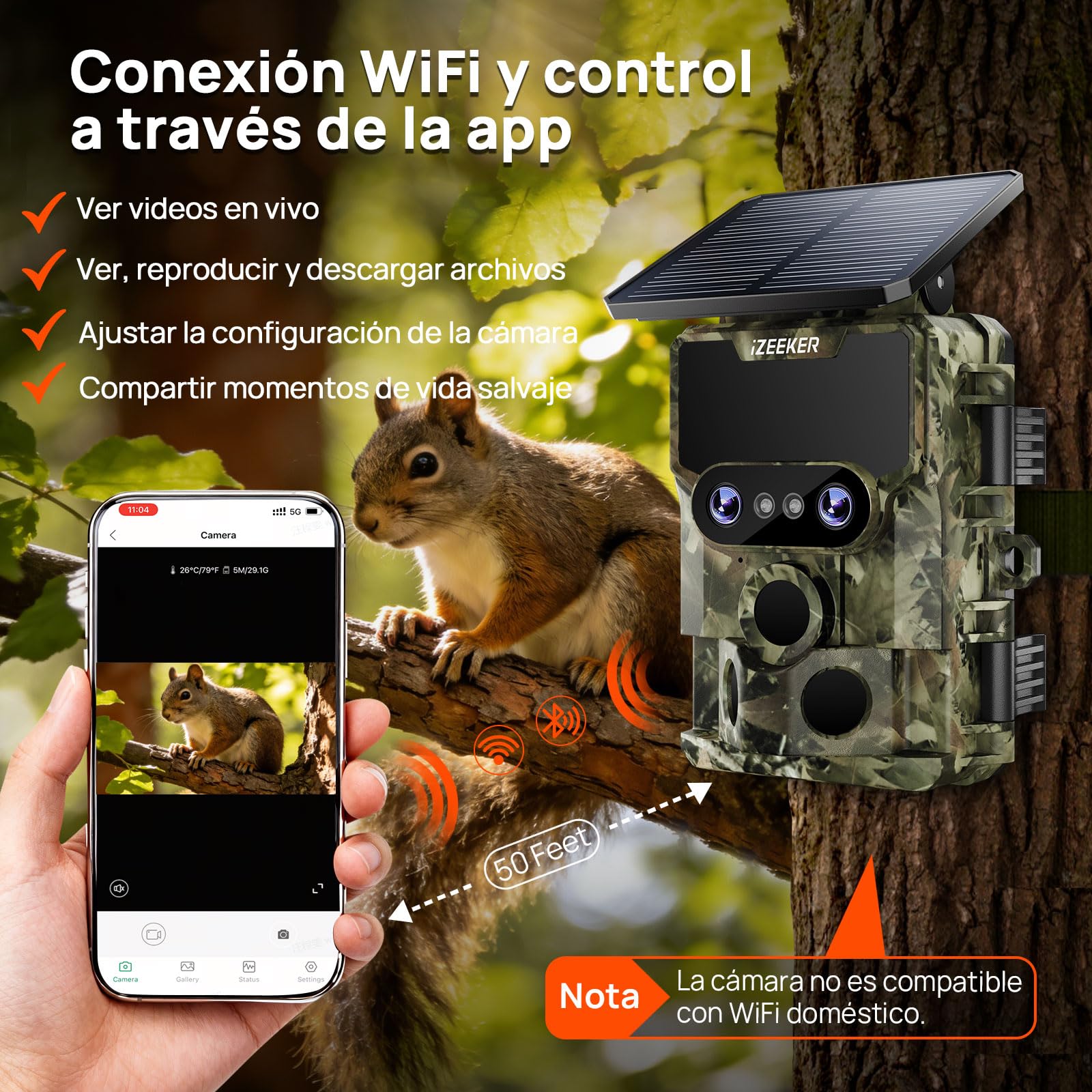 iZEEKER Cámara de Caza WiFi, 4K 60MP Dual Lens Cámara Fototrampeo Caza con Visión Nocturna Starlight, Ángulo de Detección de 120°, 0.1s Tiempo de Activación con Tarjeta SD de 32GB y 4 Pilas AA