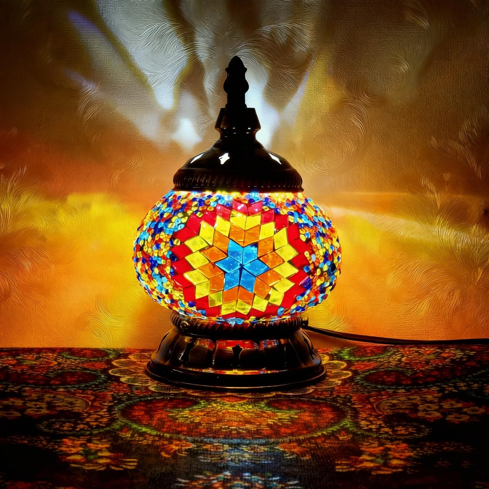 Maimeili Turkish Exotic Mosaic Table Lamp with Handmade Moroccan-Style Decorative Glass Retro Lamp Shade with USB Decorative Desk Lights Bedside Lights for Bedroom