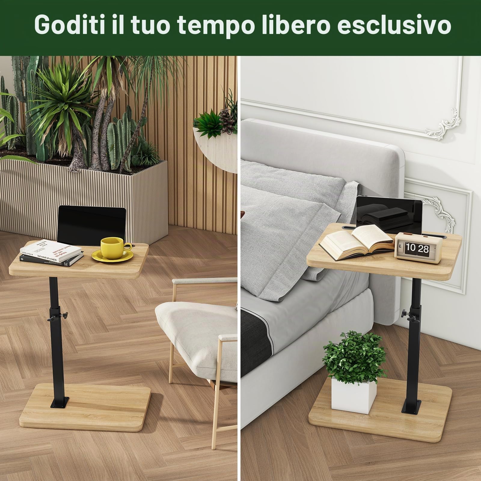 IBUYKE Tavolino a forma di C, girevole a 360° e regolabile in altezza, tavolino da caffè per spazi stretti, con slot per telefono e tablet, per soggiorno, camera da letto, naturale, TVT003R