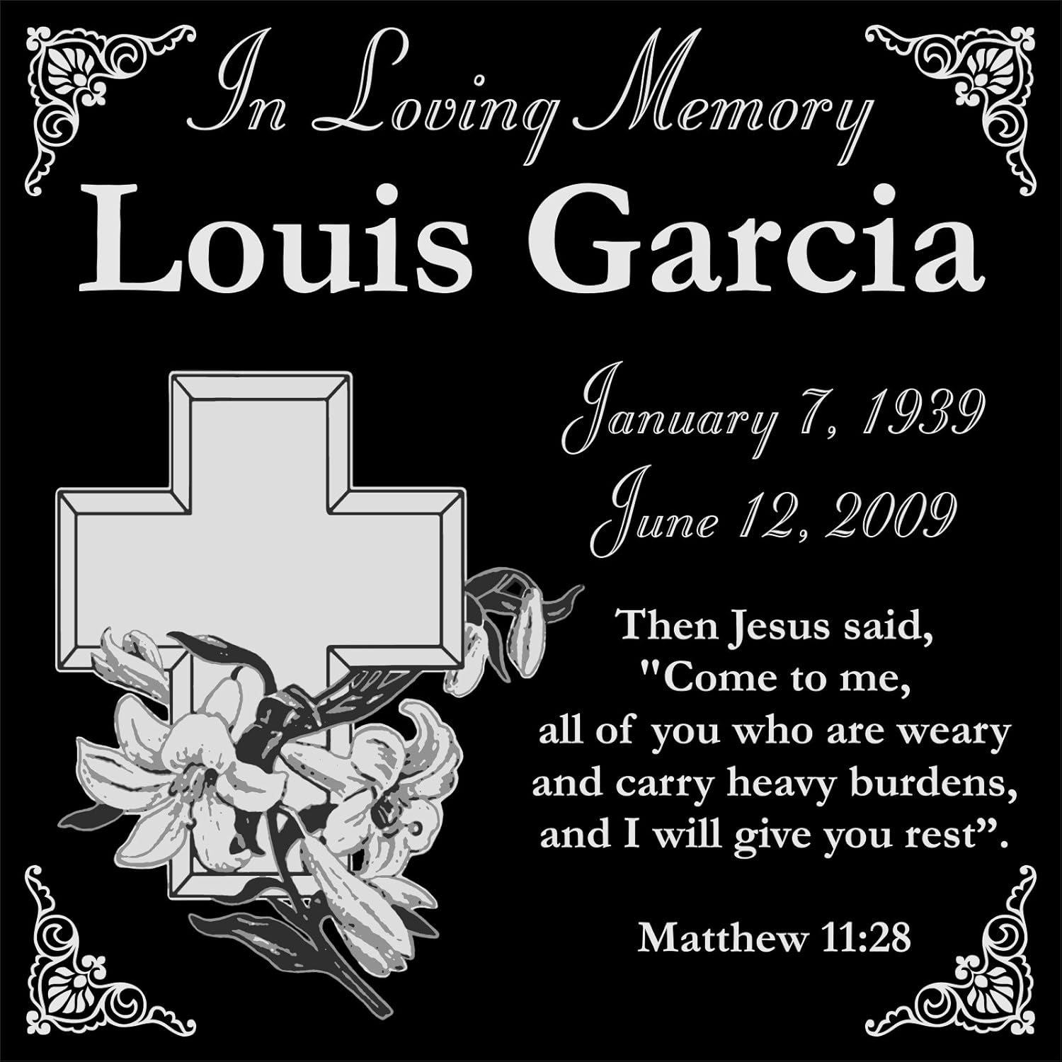 Customized Personalized Christian Personal Memorial 12x12 Inch Engraved Granite Grave Marker Headstone with Lily and Cross LG1