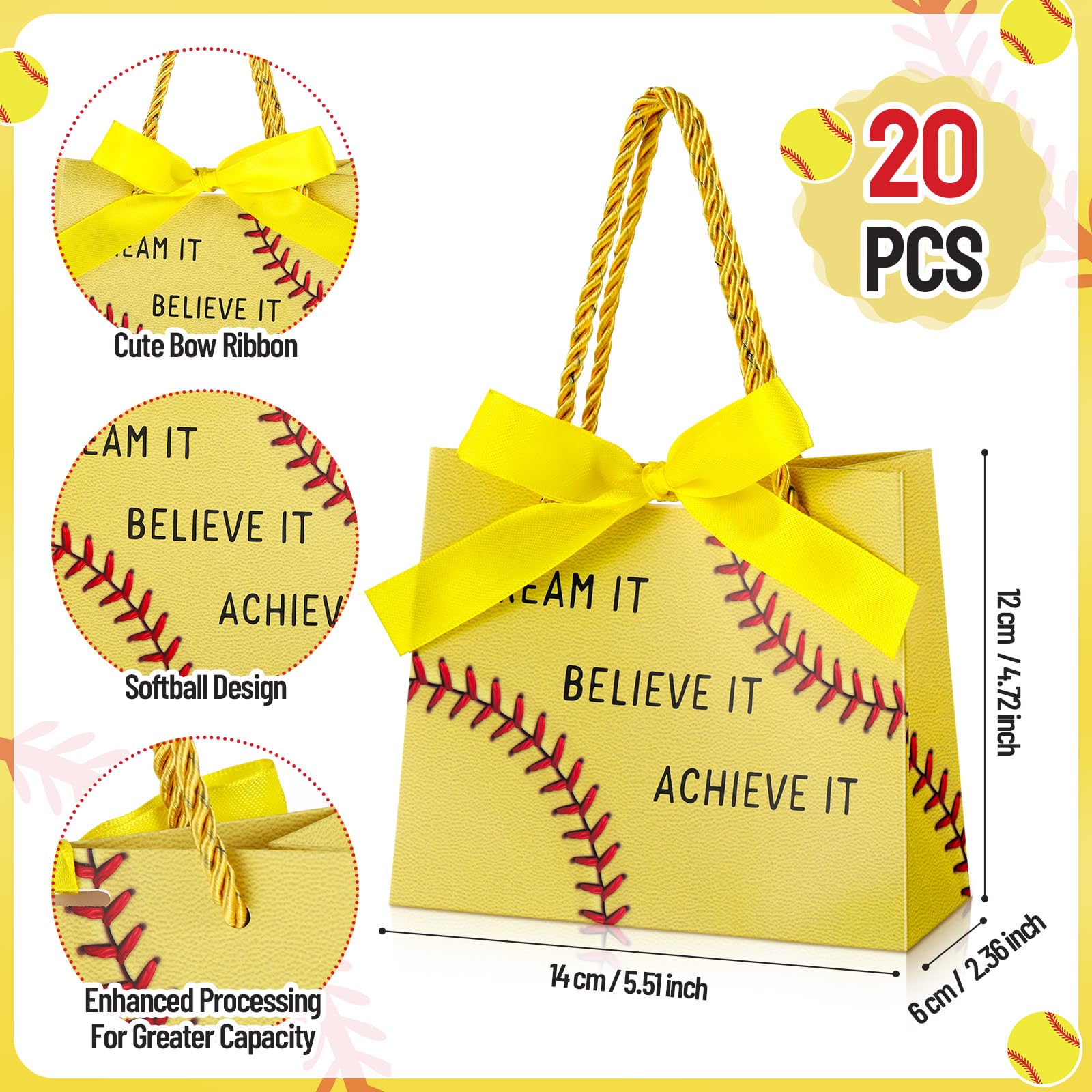 Marspark 20 Pcs Softball Graduation Party Gift Bags with Handle Ribbon Softball Goodie Treat Bags 5.5 x 4.7 x 2.3'' Inspirational Sports Theme Handbags End of Year Gift for Sports Birthday Classroom