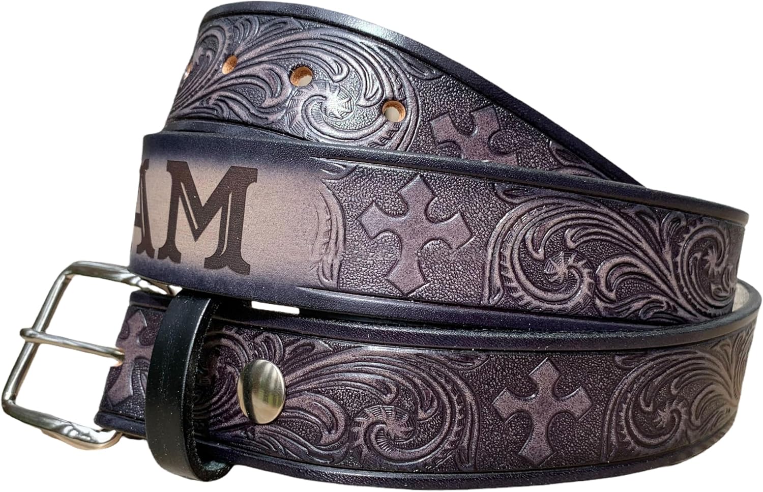 Cross Leather Name Belt Gray and Black Custom Engraved for Men and Women