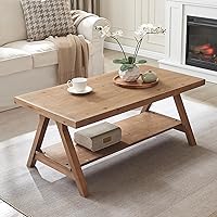 WINWY Farmhouse Coffee Table Solid Wood 2-Tier Storage Rustic A-Shaped Legs 42.5" Natural Living Room Center Table