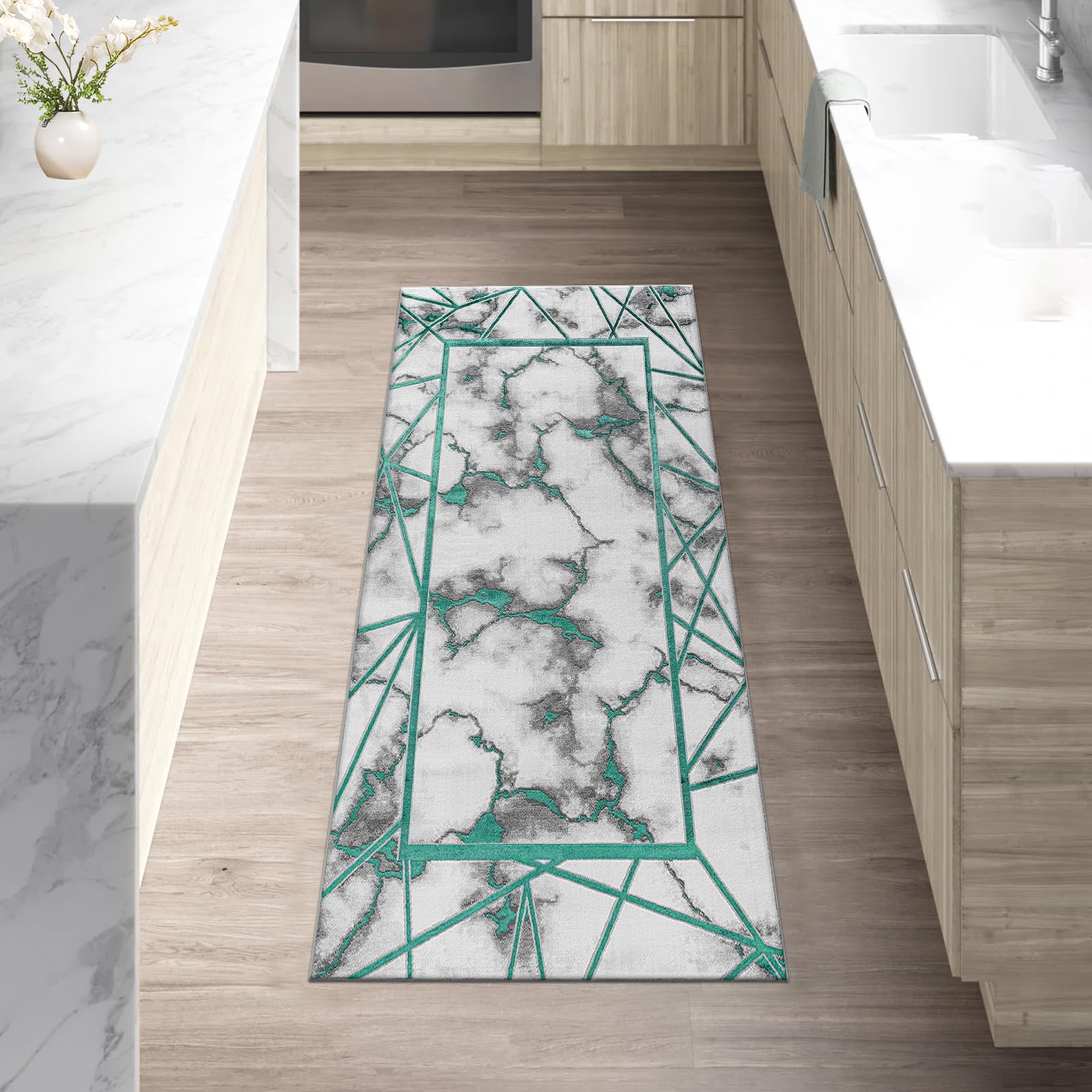 renoazul® Medium Pile Hall Rugs And Runners With Jute Backing - Kiens Marble Rug - 60 x 220 cm - Emerald - Washable Runner - Ideal For Living Room, Bedside Rug, Corridor, Lounge And Hallways. — image 1