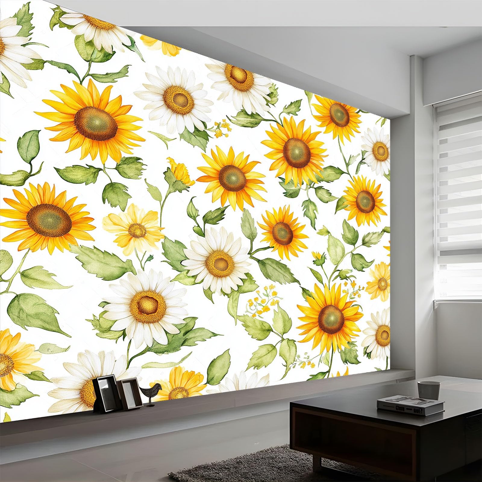 Generico Fototapeta 500 x 280 cm Akwarela Słoneczniki Stokrotki Elegancka Tapeta z włókniny Krajobraz | Fototapeta TTNT Salon, biała