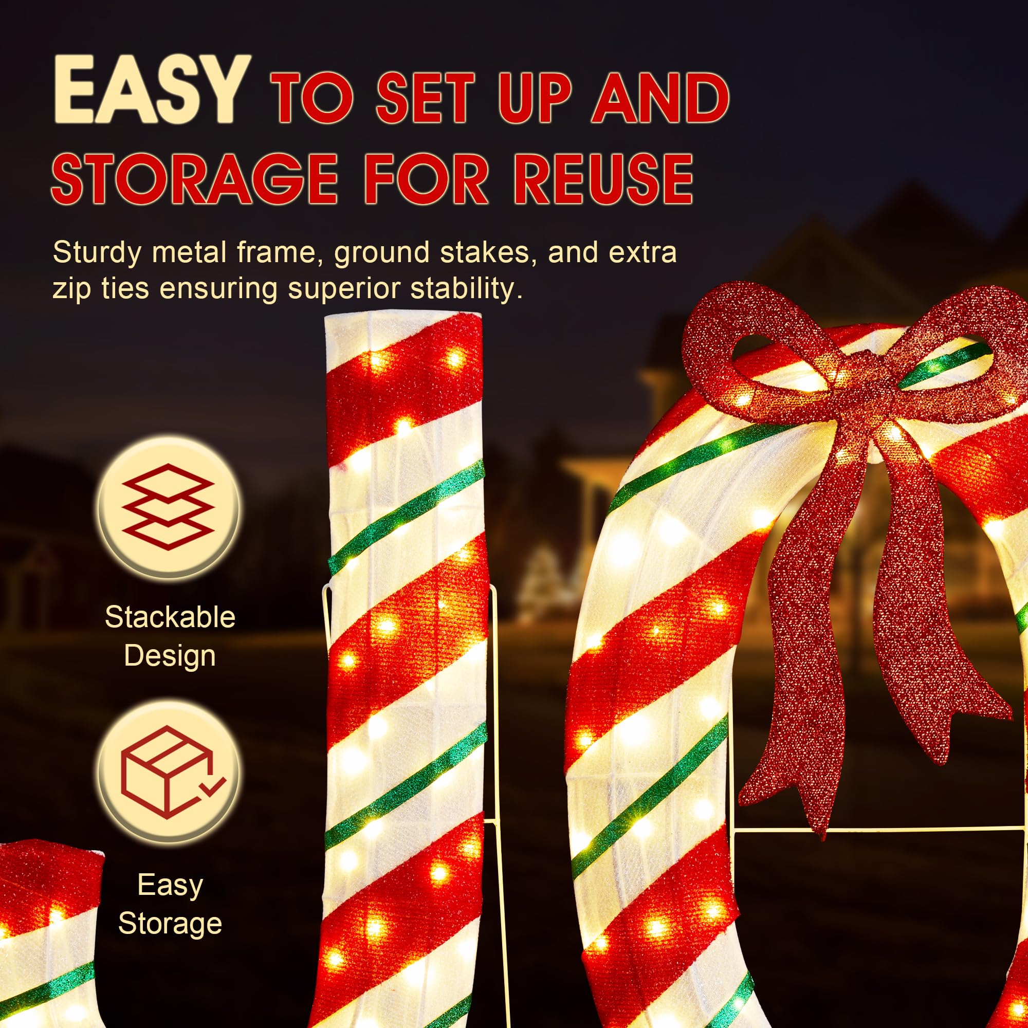 Glitzhome Joy Décoration de Noël Lumineuse avec 160 LED Blanc Chaud, Lettres en Tissu à Rayures en Sucre d'orge, Grand Panneau Festif pour Vacances, Porche, pelouse
