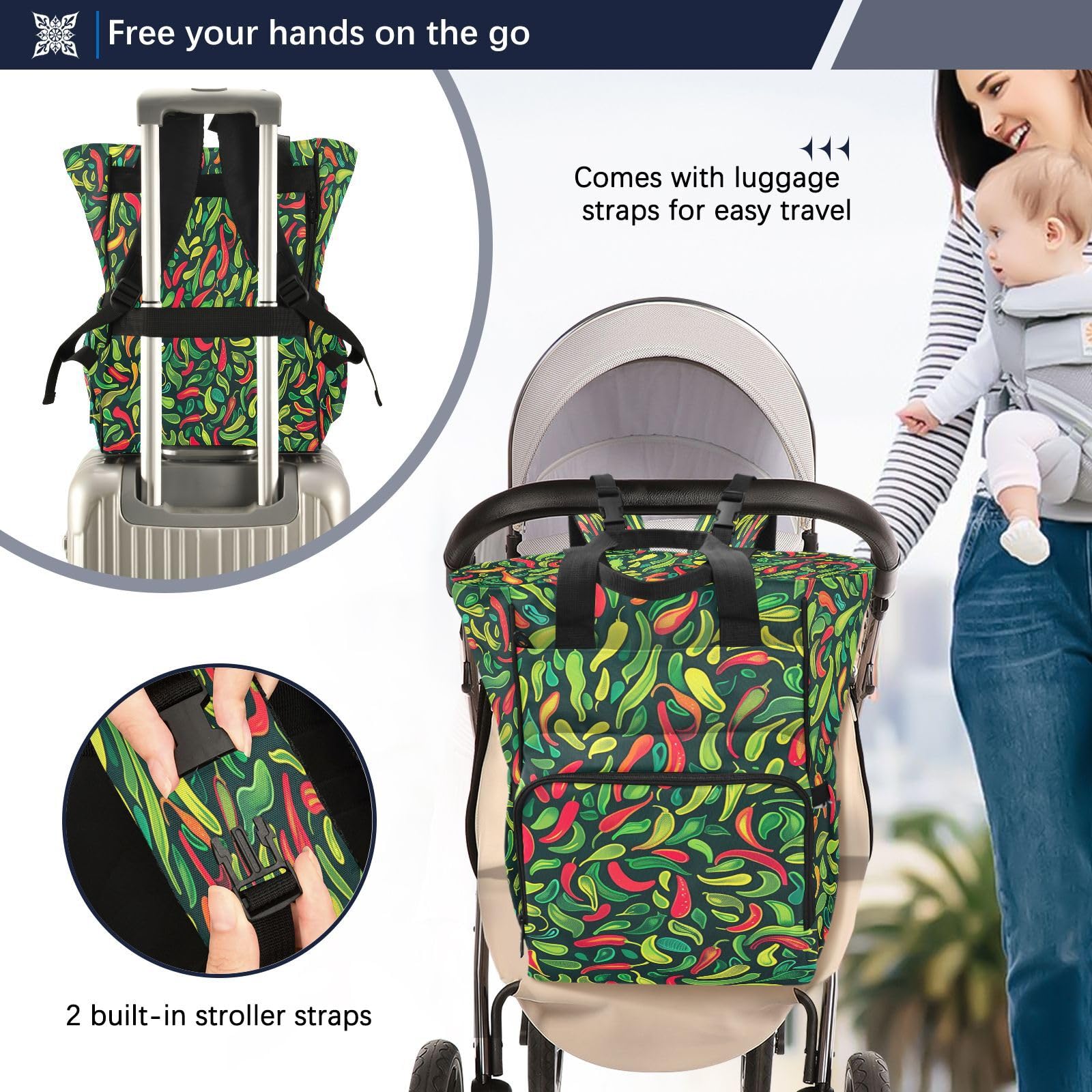 Pimientos Verdes Brillantes Mochilas de Pañales para Gran Capacidad Pañal Bolso Mochila para Viajar al Aire Libre Mamá y Papá