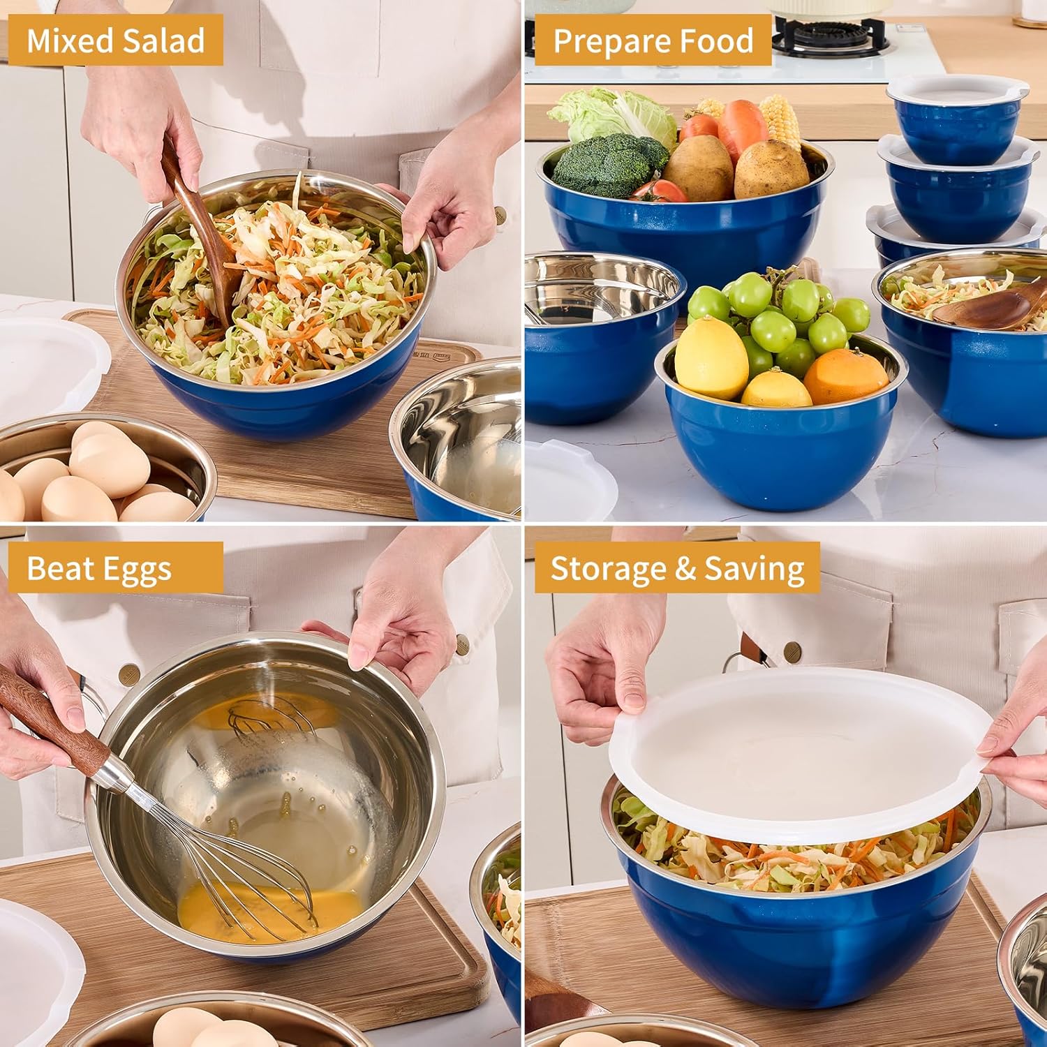 Blue Mixing Bowls with Airtight Lids, Stainless Steel Nesting Mixing Bowls Set of 7, Ideal for Baking, Prepping and Serving Food, Size 7, 3.6, 2.7, 2.1, 1.5, 1.1,0.8 QT, Stackable Design - Image 5